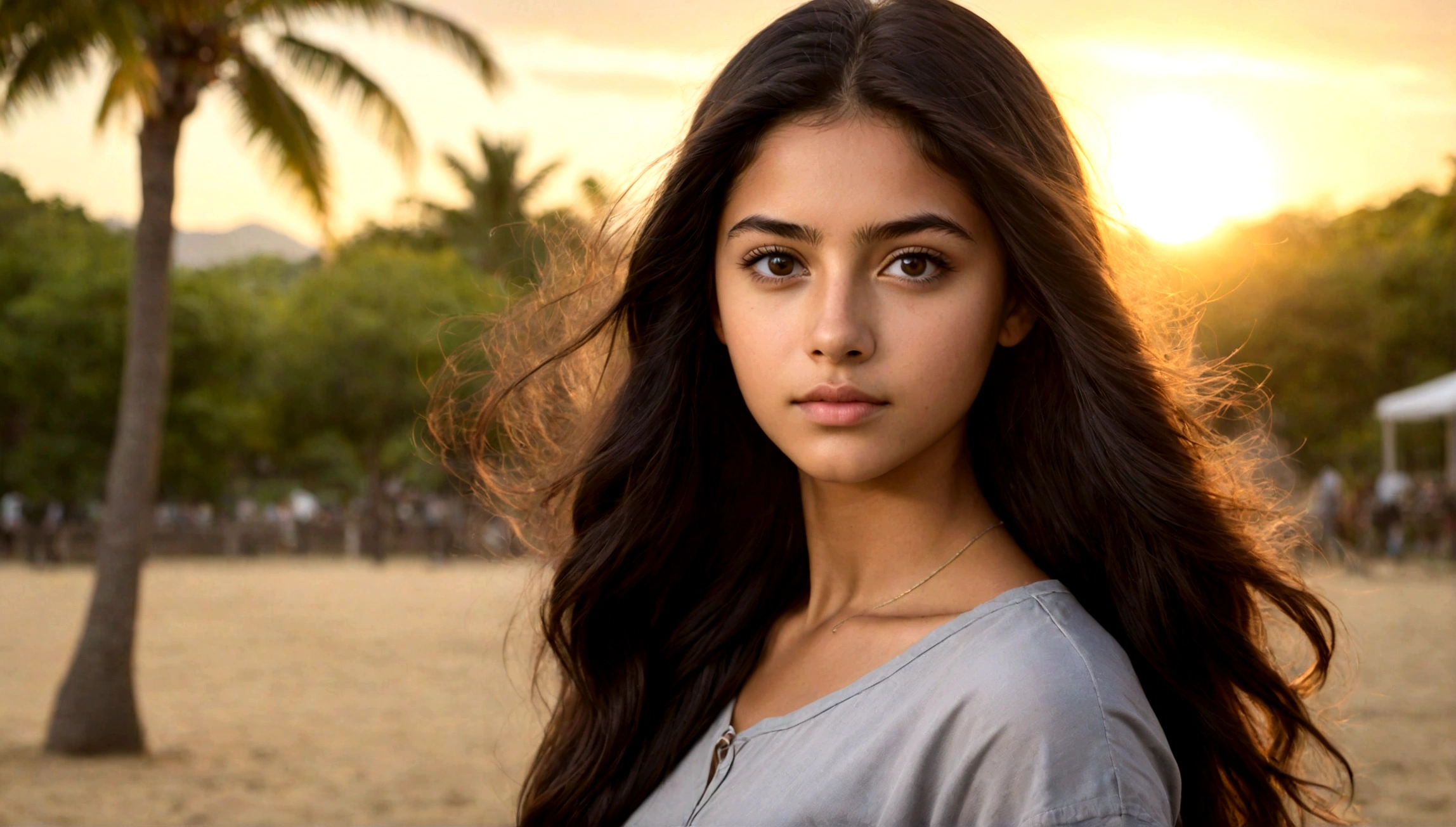 A photorealistic portrait of a 21-year-old colombian girl with long, flowing dark hair and striking dark eyes. She should have a natural, approachable expression and be illuminated by soft, golden-hour sunlight. The background should be a scenic outdoor setting, perhaps a sunlit park or beach. Capture this image with a high-resolution photograph using an 85mm lens for a flattering perspective.