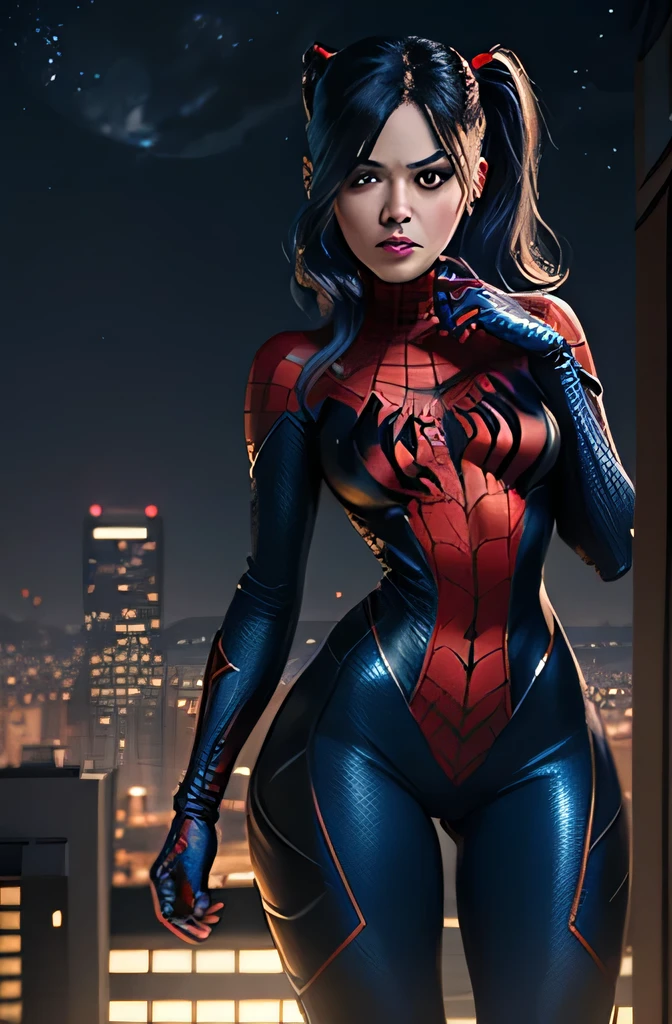 Spider-Woman, tight blue and black suit, on roof, night city, luna, highly detailed, Realistic full-length photo, Harley Quinn,