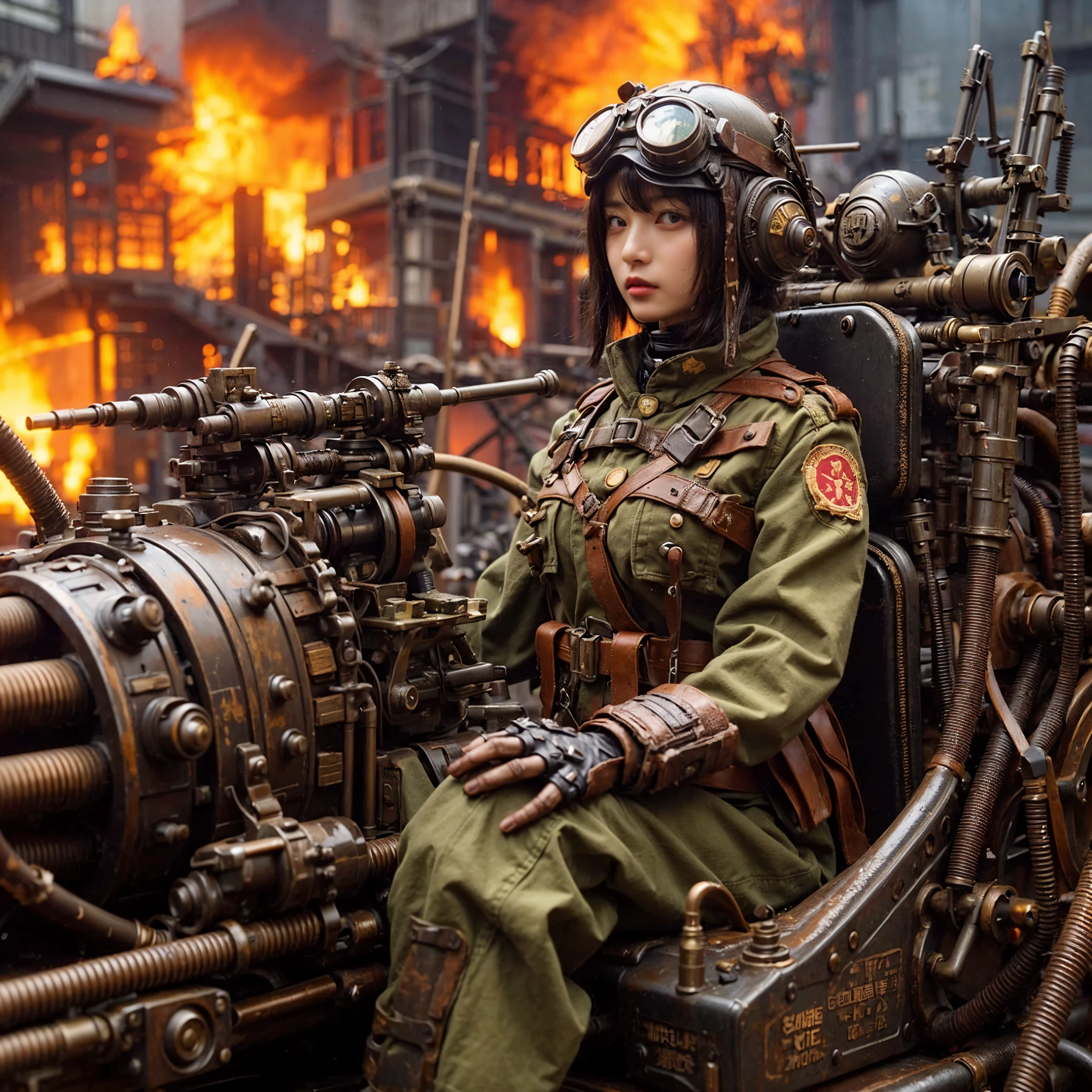 A fictional WWII Japanese female soldier piloting a humanoid weapon of the Imperial Japanese Army、Beautiful Face、Torn trousers、dirty clothes、Very intricate details、Olive drab paint、Peeling paint、Weathering、Trench Warfare Background、Photorealistic、taken with Fuji film X-T30+Nokton. HDR10