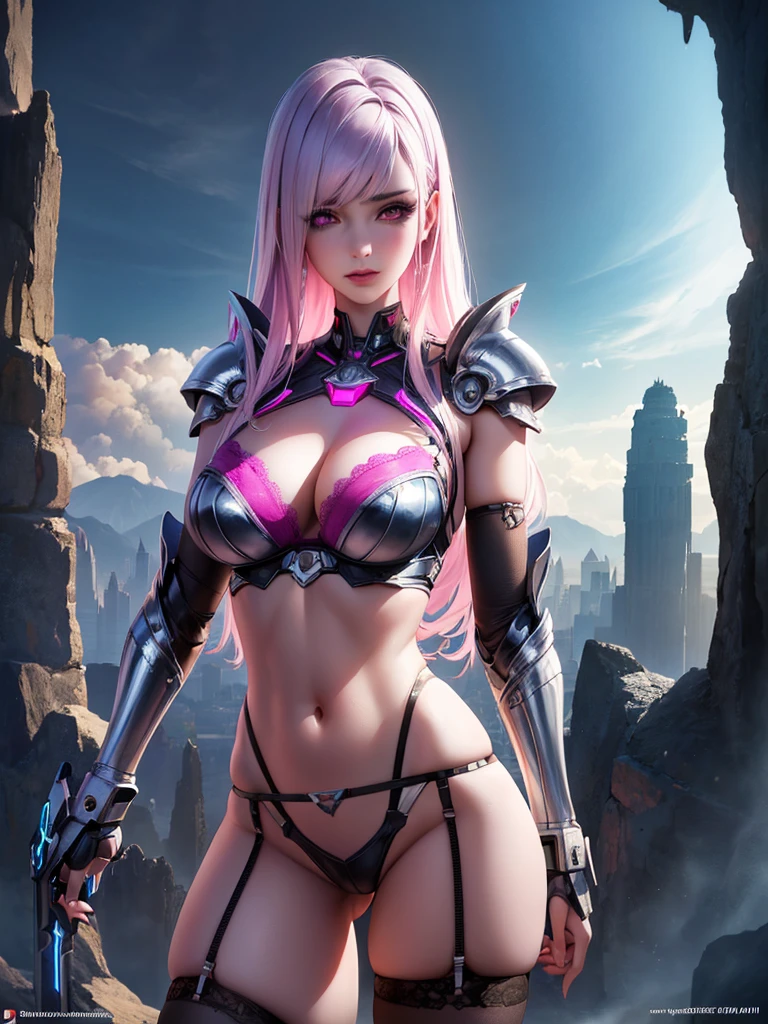 1girl, pretty girl, android girl, half metallic armor, half lingerie with stockings and garter belt, bustier with lace bra, slim body, purple eyes, pink and white hair, extremely detailed face, perfect facial symmetry, perfect body, unknown planet, laser sword, futuristic spaceship, concept art, digital painting, cinematic lighting, dramatic shadows, vibrant colors, intricate details, hyperrealistic, (best quality,4k,8k,highres,masterpiece:1.2),ultra-detailed,(realistic,photorealistic,photo-realistic:1.37)