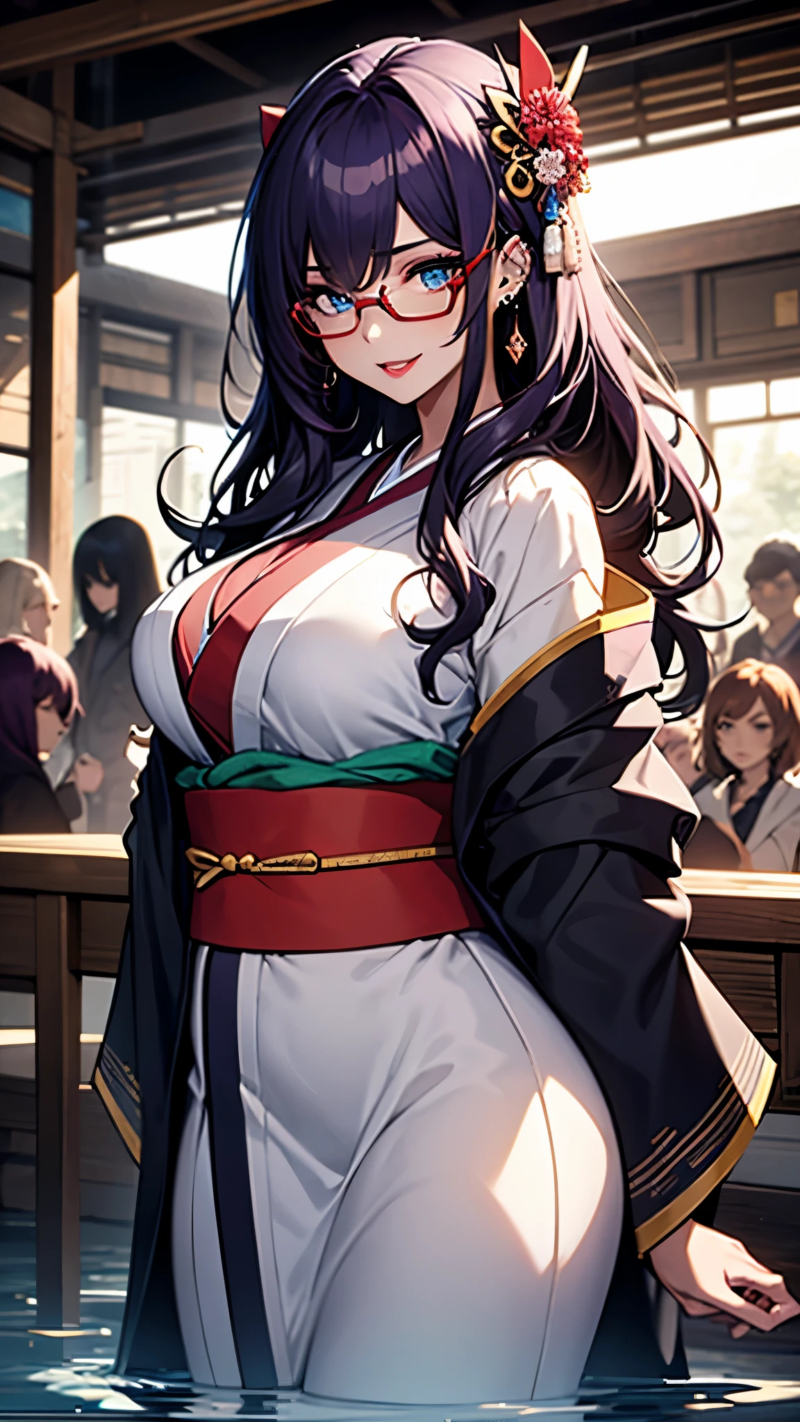 (1girl:1.3), Masterpiece, Best quality, amazing beauty, [[3D]], 4K, absurdres, finely detail, super detailed eye, perfect anatomy, official art, cinematic lighting, BREAK, garden, silky long hair, silky wavy hair, purple hair, super shiny detailed blue eyes, big eyes, watery eyes, cute eyes, thin eyebrow, Looking Over Shoulder, open-mouth, plump lips, wide smile, mascara, rouge, Eyeshadow, red lips, red round cell frame glasses, piercing, Excited, BREAK , huge breasts, tall, slender, black skin, gloss skin, raise arm, cowboy shot, dutch angle, BREAK , , BREAK,(Glasses),(twelve-layered ceremonial kimono:1.3)