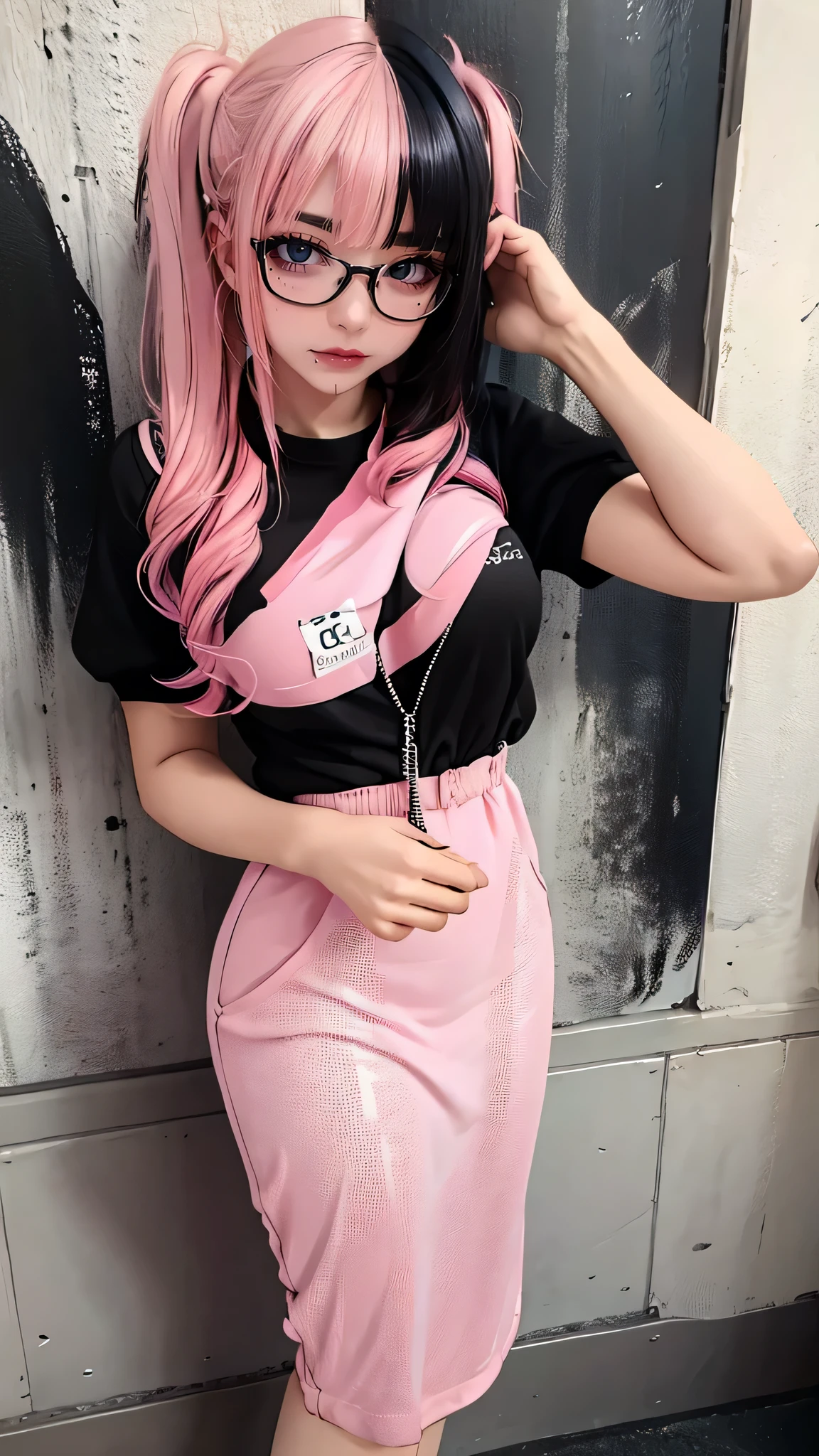 full body,gym uniform,(breast squeeze:1.2),(Thin type:1.5),(large breasts),(wearing glasses:1.5),(half color hair black and pink:1.5),(random hairstyle),(Highest image quality, (8K), Ultra-realistic, Best Quality, High quality, High Definition, high quality texture, high detailing, Beautiful detailed, fine detailed, extremely details CG, Detailed texture, realistic representation of face, masterpiece, presence)