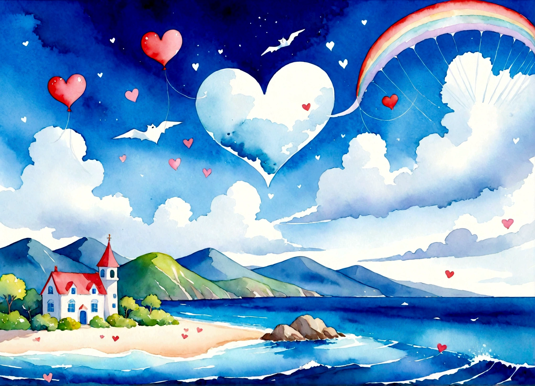 There is a sea in the background、Cute hearts flying、Watercolor Touch