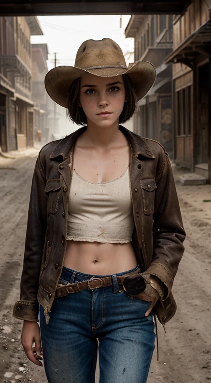 Foto hiperrealista en primer plano de Emma Watson, masterpiece, best quality, (photorealistic:1.4), (cowboy outfit, jacket over long shirt, dirty pants, cowboy hat) Create dystopian masterpieces. Western theme, dusty atmosphere, wooden buildings, a setting sun casting long shadows, aged and worn costumes, anticipation in the air, intense standoff, empty street, deserted town,beautiful woman, skinny, medium breasts, black short hair (bob short hair:1.2), detailed face, facing the camera, photo taken from a distance, age of 18 years old