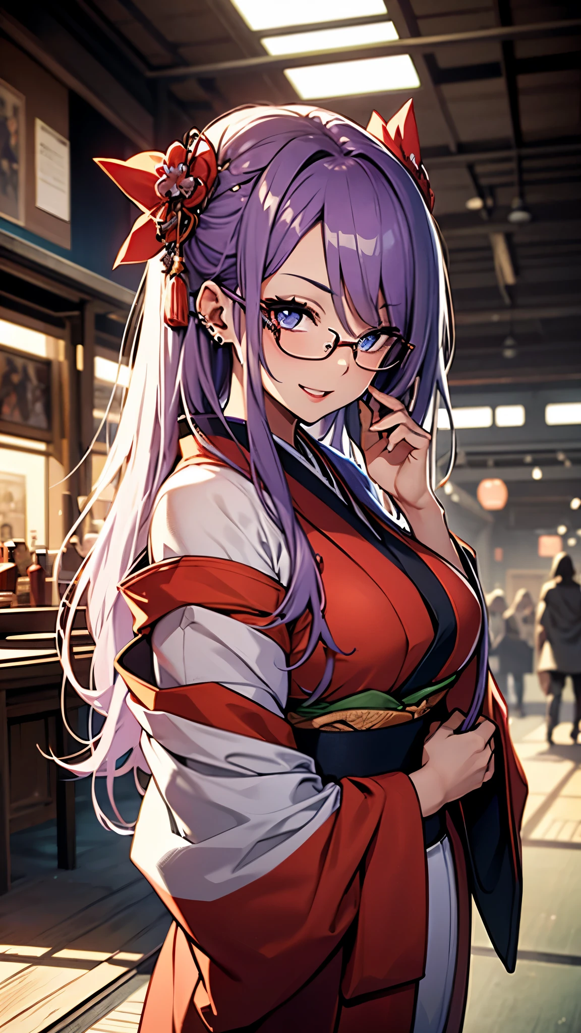 (1girl:1.3), Masterpiece, Best quality, amazing beauty, [[3D]], 4K, absurdres, finely detail, super detailed eye, perfect anatomy, official art, cinematic lighting, BREAK, garden, silky long hair, silky wavy hair, purple hair, super shiny detailed blue eyes, big eyes, watery eyes, cute eyes, thin eyebrow, Looking Over Shoulder, open-mouth, plump lips, wide smile, mascara, rouge, Eyeshadow, red lips, red round cell frame glasses, piercing, Excited, BREAK , huge breasts, tall, slender, black skin, gloss skin, raise arm, cowboy shot, dutch angle, BREAK , , BREAK,(Glasses),(twelve-layered ceremonial kimono:1.3)