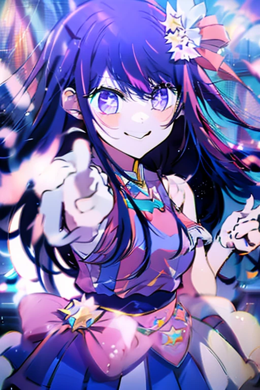 ((masterpiece)), (((HDR))), ((best quality)), (ultra high quality), (hi-res), ((1 anime girl)), Hoshino Ai, (((sparkling eyes))), beautiful eyes, detailed eyes, ((teen)), ((purple hair)), (bangs), tied hair, (((small breast))), (((zettai ryouiki))), ((happy expression)), (smile), cute, facing camera, looking at viewer, ((pointing)), (skirt), (idol clothes), (short-sleeved), pointing, in the city, outside, buildings, sidewalk, daytime, sunlight on face, noon, bright sun, city scenery, crosswalk, full shot, ((full body)) 