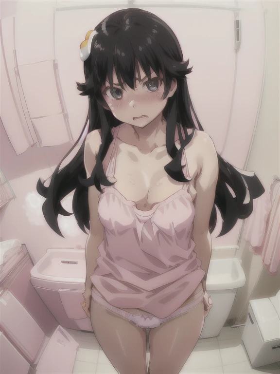 1girl, solo, looking at viewer,
araragikaren, long hair, ahoge, egg hair ornament.
pink tank top, white panties, underwear, downblouse, medium breasts,
bedroom, inside, bathroom, blush, angry, cleavage,