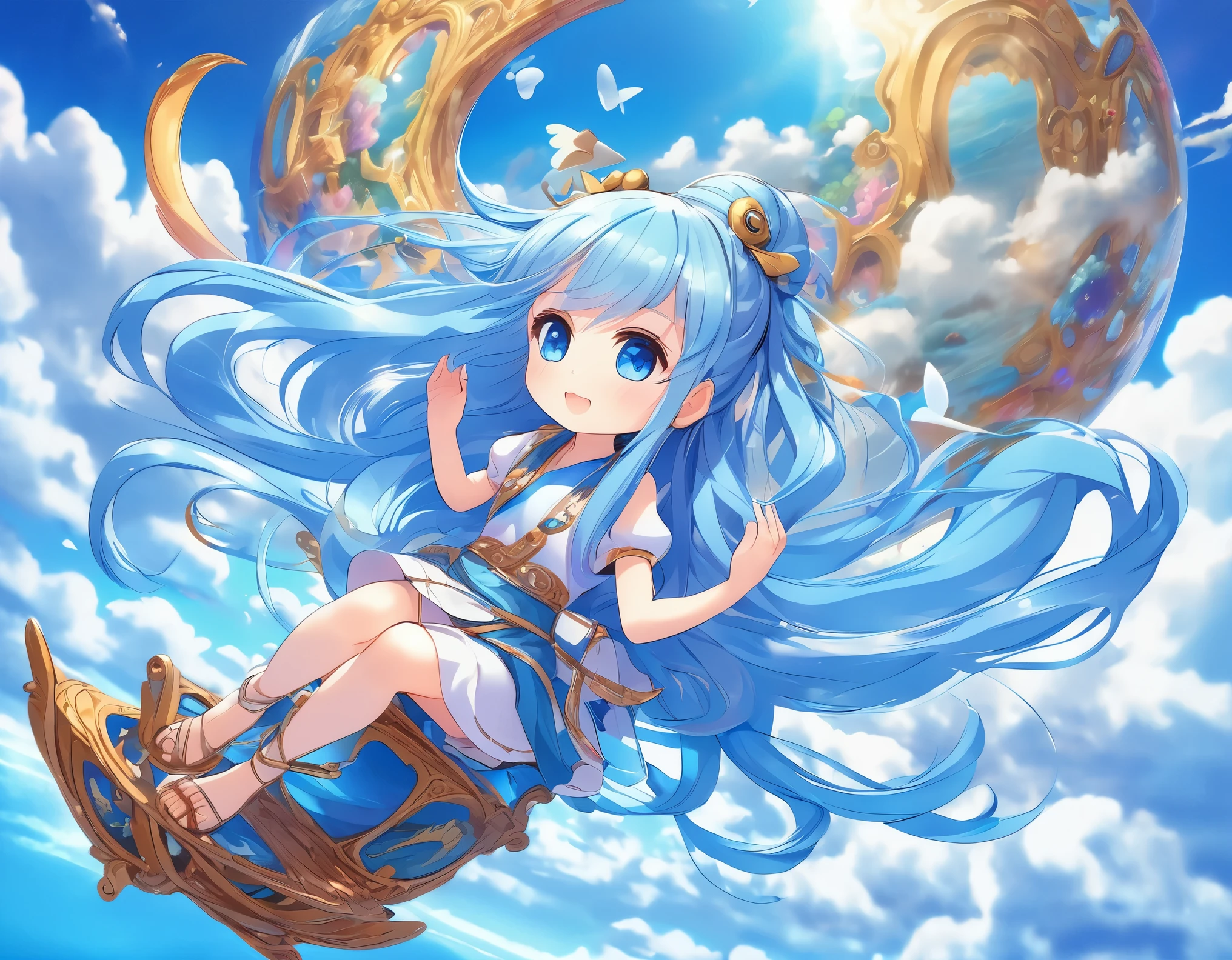 Light blue long hair、Twin-tailed Chibi Character、Bright smile、Magical Land、Fantasy World、Sitting on a magic carpet and flying through the sky、Blue sky and white clouds、You can see the cityscape、Masterpiece
