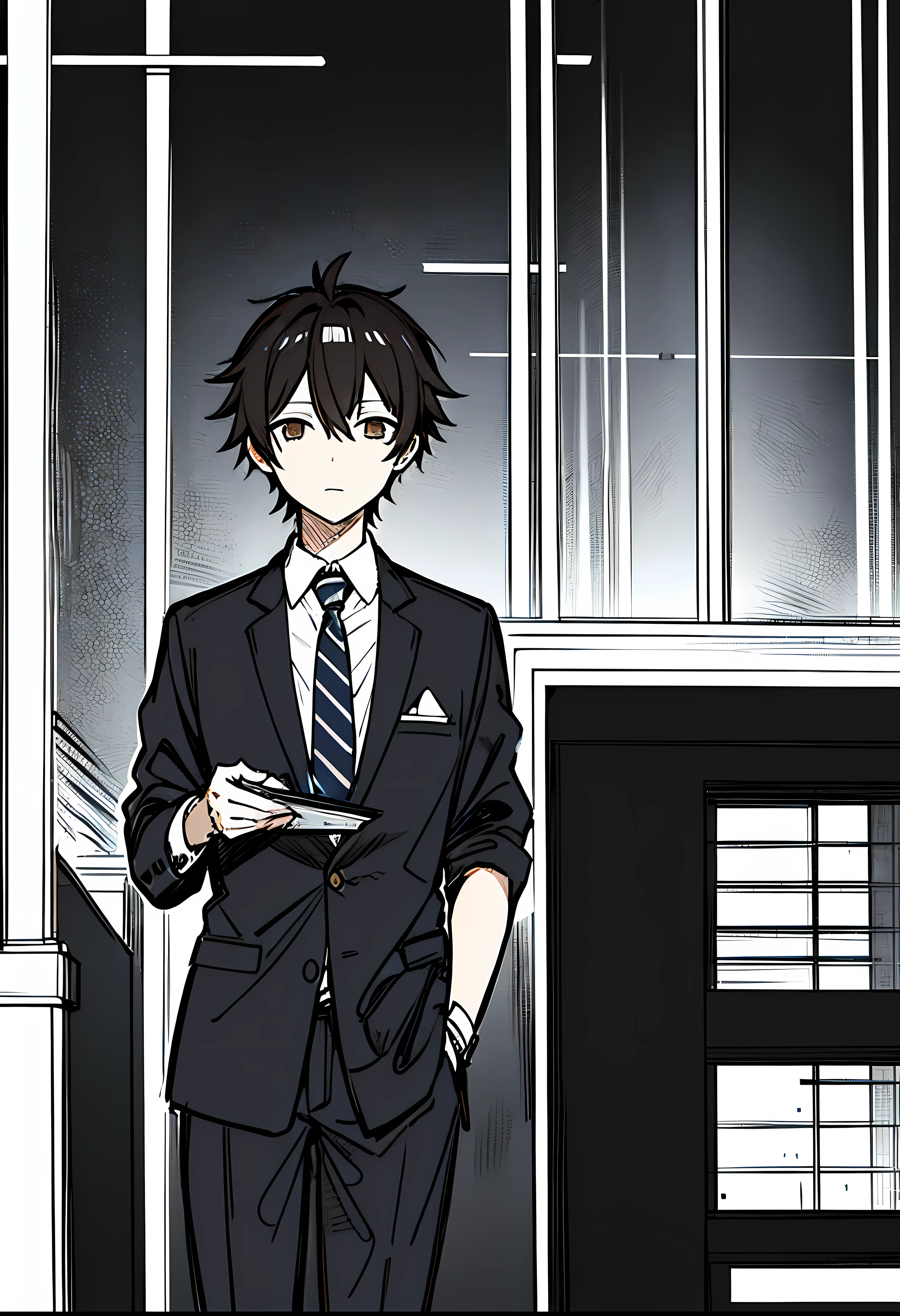Takuya Aoyama, a 16-year-old male student, with sloppily combed black hair and brown eyes, with a dark expression, profile picture, light novel art. school environment, high school, masterpiece.