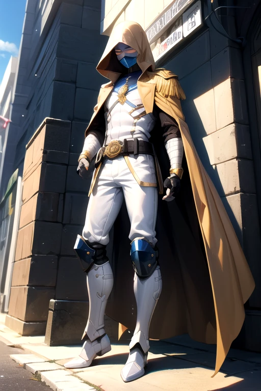 ((best quality)), ((masterpiece)), (detailed), 1 boy in a trench coat standing on a building, full body, 19 years old, masked, white mask covering his entire head and hair, black swimming goggles, blue eyes, black face mask, no hair, tall and slender, long beige trench coat, open trench coat showing his emblem, black fingerless gloves, white wristbands, white superhero armor, white chest with emblem, luminous blue "I" letter emblem on chest, blue I-shaped emblem, black pants, white knee pads, metallic white booties, superhero belt, nanotechnology in the air, city background, anime