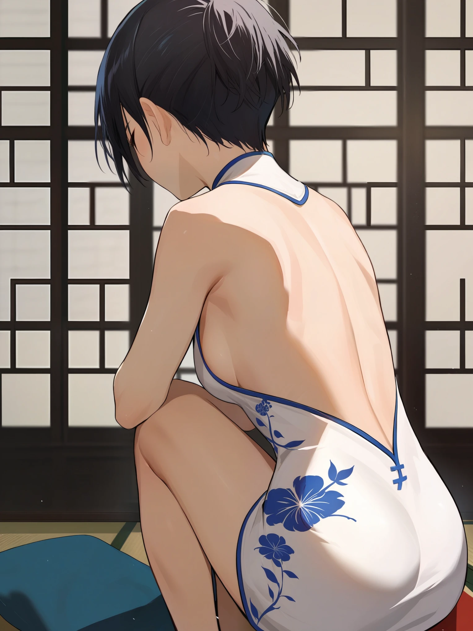 score_9, score_8_up, source_anime, solo, 1girl, tomboy, dress, annie leonhart,  attack on titan, lole, young, ((aged down)), ikuchan, black hair, black hair, oriental, Chinese dress, short dress, short hair, indoors, boob window