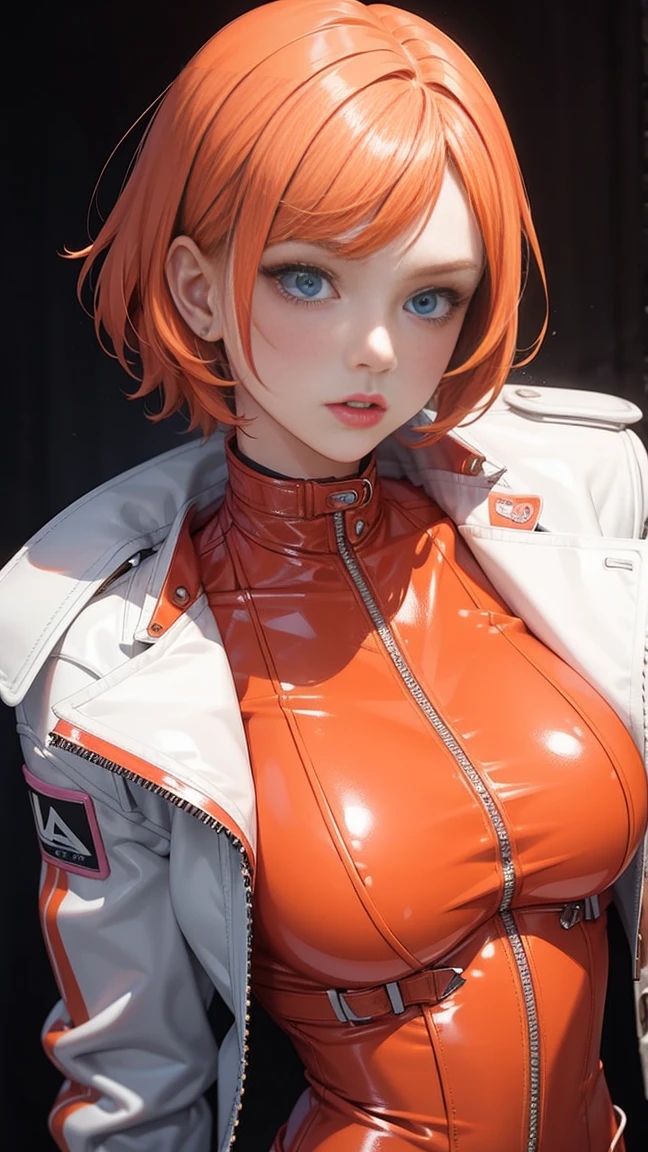 Beautiful girl, short orange hair, with pink glued latex clothes, a white leather jacket, stewed chest, very detailed face, living colors, dramatic colors, pastels
