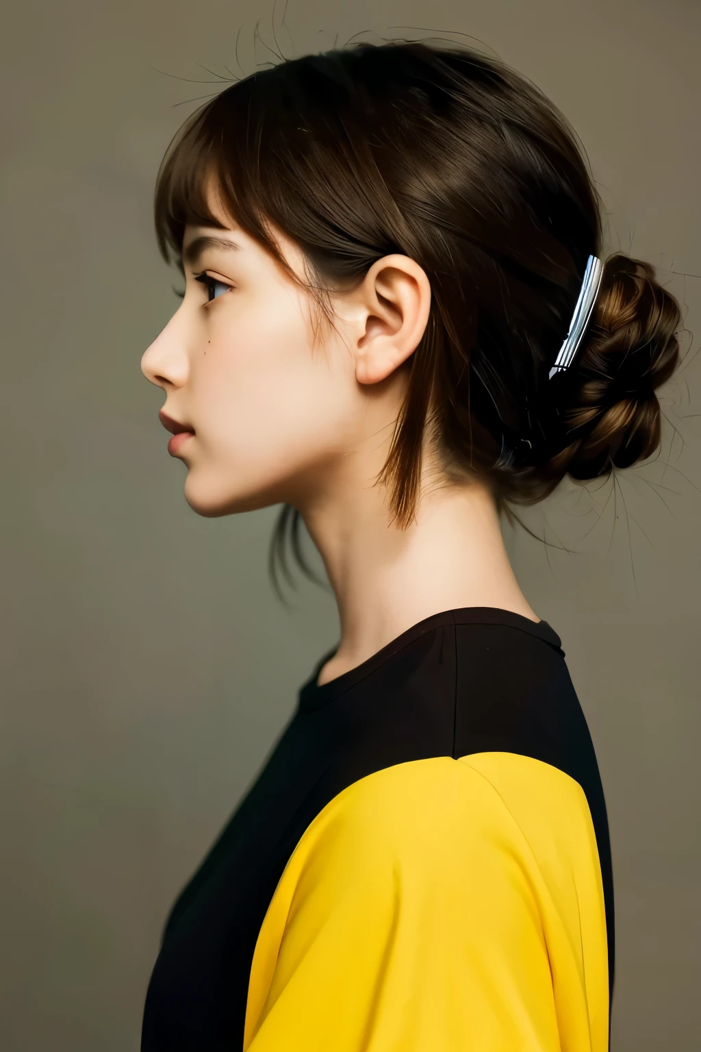 alone, One girl, profile,Brown Braid,　profile, The background color is solid yellow,An illustration