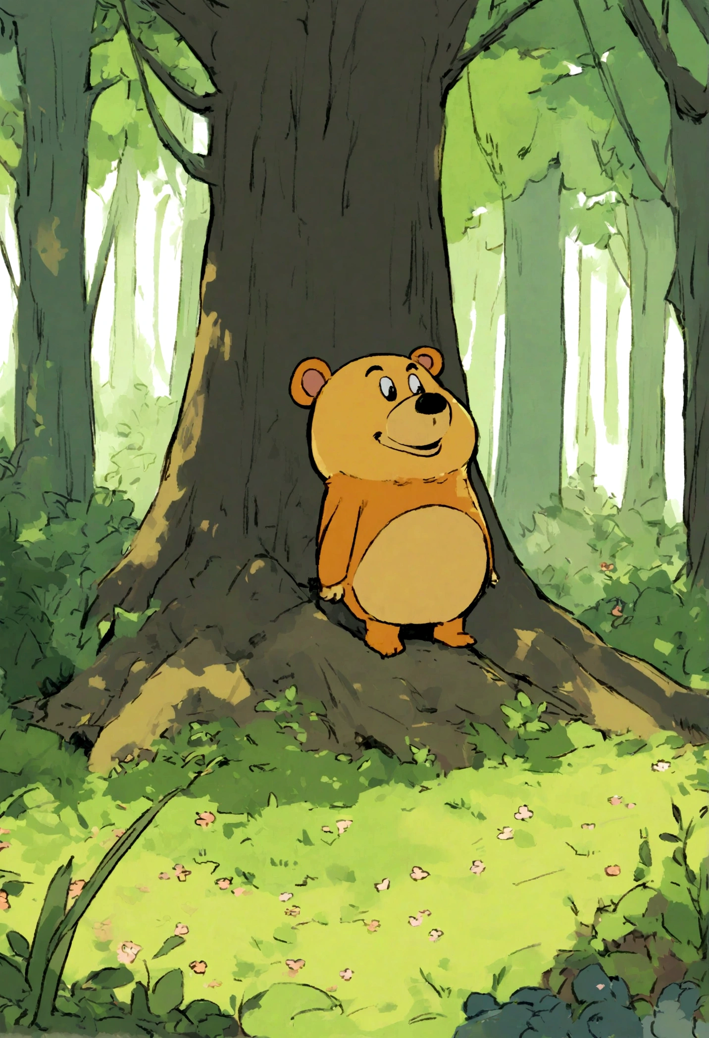 Oso de estilo de dibujos animados, pixar, serio, en un bosque,