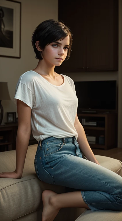 Foto hiperrealista en primer plano de Emma Watson, masterpiece, best quality, (photorealistic:1.4), full body, (white oversize male t-shirt:1.1), (blue jeans:1.2), brown sandals, living room, sitting on sofa,, during the night, night cinematic darkness light, beautiful woman, skinny, medium breasts, black short hair (bob short hair:1.2), detailed face, smile, facing the camera, photo taken from a distance, age of photo take from a distance, RAW photonatural skin texture, 35mm, 4k textures, soft cinematic light, RAW photo, photorealism, photorealistic, intricate, elegant, highly detailed, sharp focus, ((((cinematic look)))), soothing tones, insane details, intricate details, hyperdetailed, low contrast, soft cinematic light, dim colors, exposure blend, hdr, faded, intense