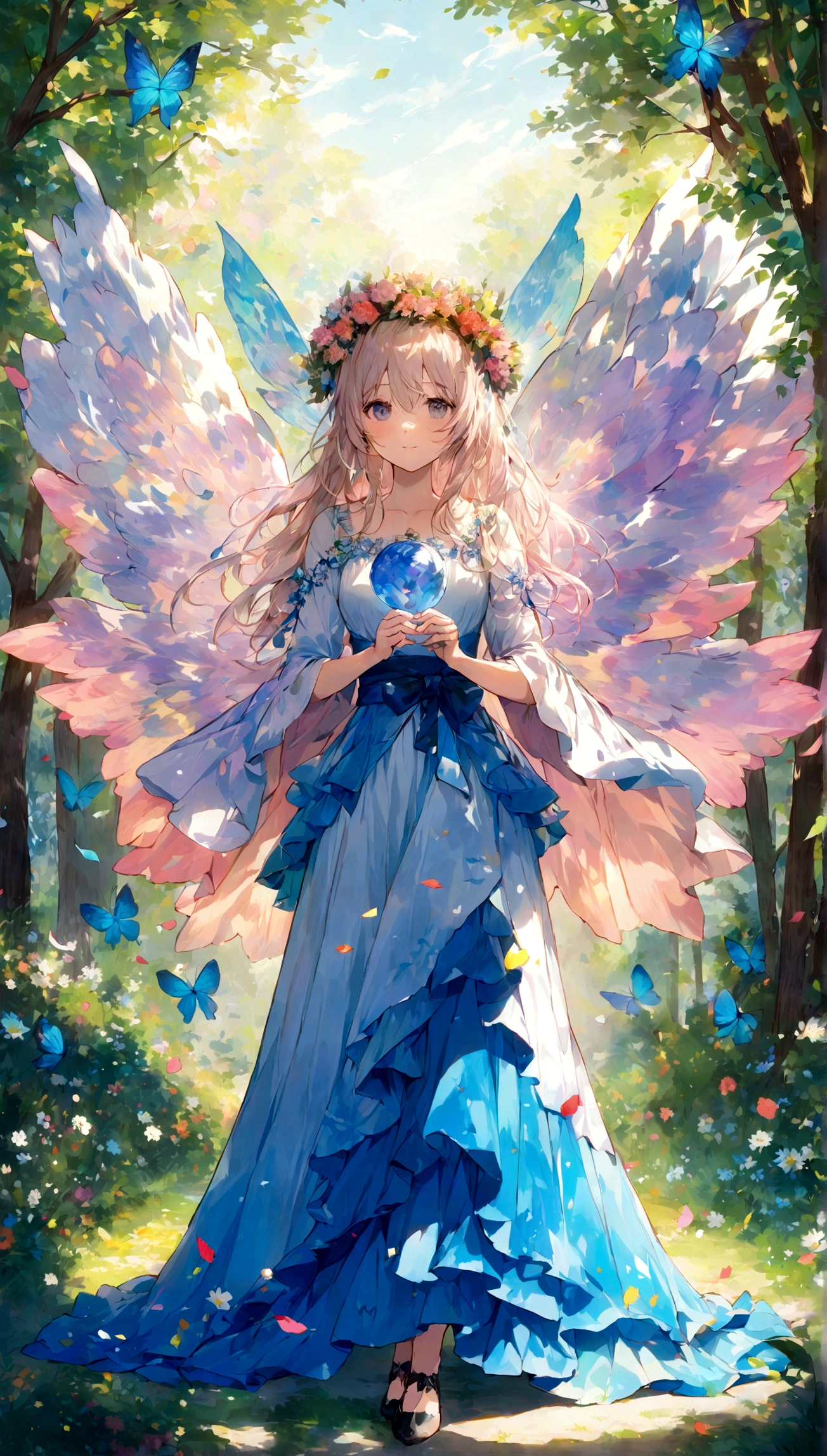 Describes a charming scene of a spring forest with cherry trees in full bloom., pintando el paisaje con su hermoso color rosa. alrededor del bosque, a vast field of flowers radiates joy, con una mezcla de rosas blancas, amarillo y azul, standing out in the sea of vibrant colors.
In the heart of the forest, hay un lago sereno, rodeado de rocas que enmarcan sus orillas. Una elegante cascada desciende suavemente hacia el lago., creando un agradable sonido de agua en movimiento. Las aguas cristalinas del lago reflejan el cielo azul primaveral y los cerezos en su esplendor..
Explorando este paisaje encantado, Butterflies of different colors and sizes dance in the air., adding a dose of magic to the landscape. Their delicate wings capture the sunlight and provide a fascinating spectacle of movement and color in the serene forest environment...