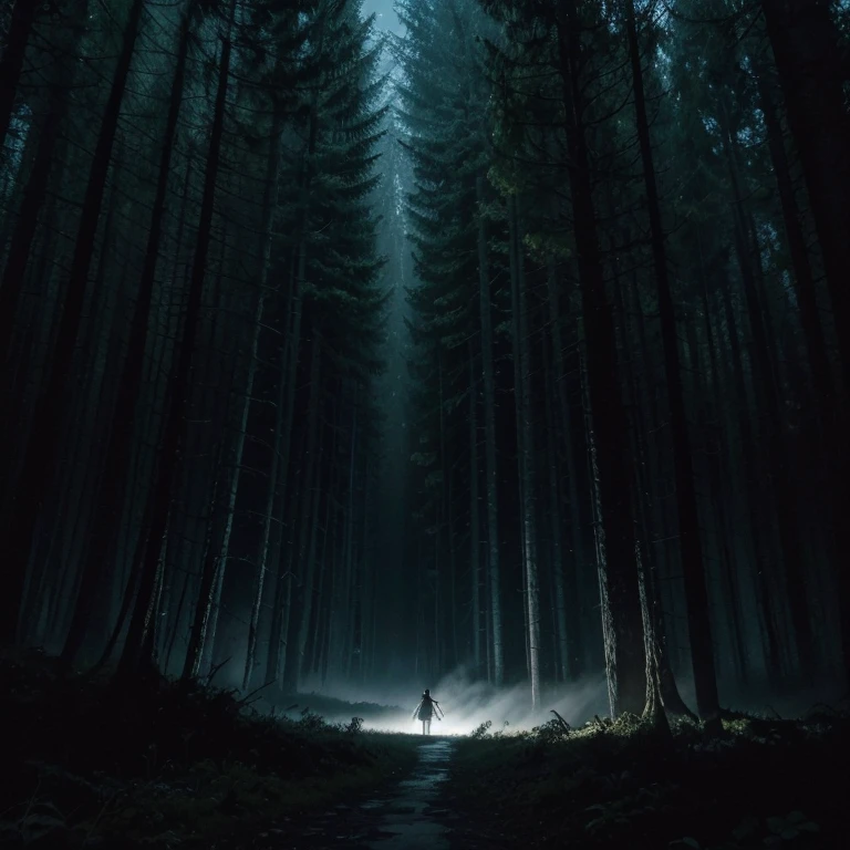 arte de fantasia, Arte RPG, Dark arte de fantasia, foto ultra ampla, CRU, Fotorrealista em preto e branco, a photo of a dark forest at night, (Mist rising from the terrain, fundo de floresta de fantasia escura, melhor qualidade, 16k, [ultra detalhado], Obra de arte, melhor qualidade, (ultra detalhado), corpo todo, foto ultra ampla, fotorrealismo