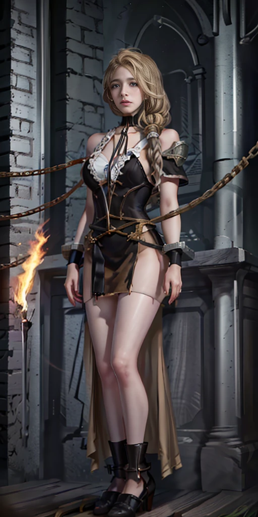 1girl, Mercedes von Martritz from Fire Emblem (masterpiece, best quality), intricate details, 1girl, 1girl in, age19, Solo, Long hair, Colossal, Looking at Viewer, blond hair, (standing full body toe to head by wooden pole:1.2) iron collar, arms behind back, iron cuffs, shackles, bound, harness, o-ring, happy red cheeks, chain leash collar choker neck bell shackles wristbands bracers bracelets, cleave gag, sad face, red cheeks, cryings tears, painful (she was sold and betrayed by her own family after been hitted on face) (inflammations swollen face 😢 💔 😞 😭) 