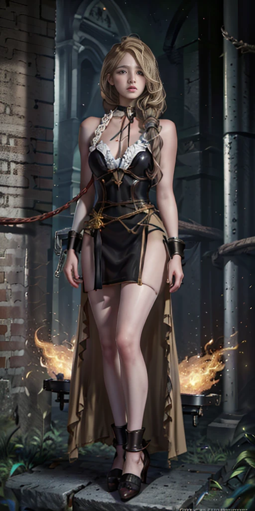 1girl, Mercedes von Martritz from Fire Emblem (masterpiece, best quality), intricate details, 1girl, 1girl in, age19, Solo, Long hair, Colossal, Looking at Viewer, blond hair, (standing full body toe to head by wooden pole:1.2) iron collar, arms behind back, iron cuffs, shackles, bound, harness, o-ring, happy red cheeks, chain leash collar choker neck bell shackles wristbands bracers bracelets, cleave gag, sad face, red cheeks, cryings tears, painful (she was sold and betrayed by her own family after been hitted on face) (inflammations swollen face 😢 💔 😞 😭) 