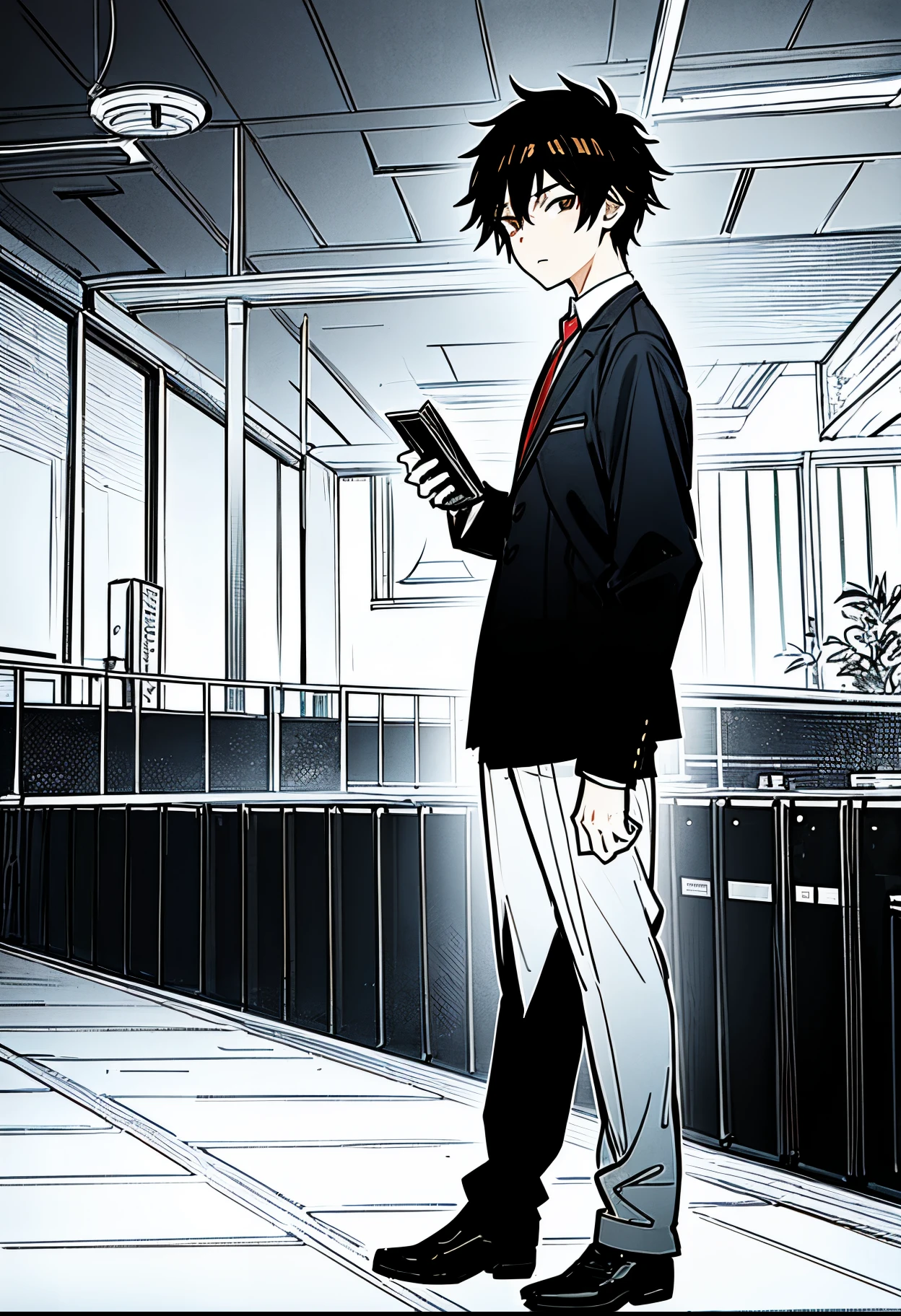 Takuya Aoyama, a 16-year-old male student, with sloppily combed black hair and brown eyes, with a dark expression, profile picture, light novel art. school environment, high school, masterpiece.