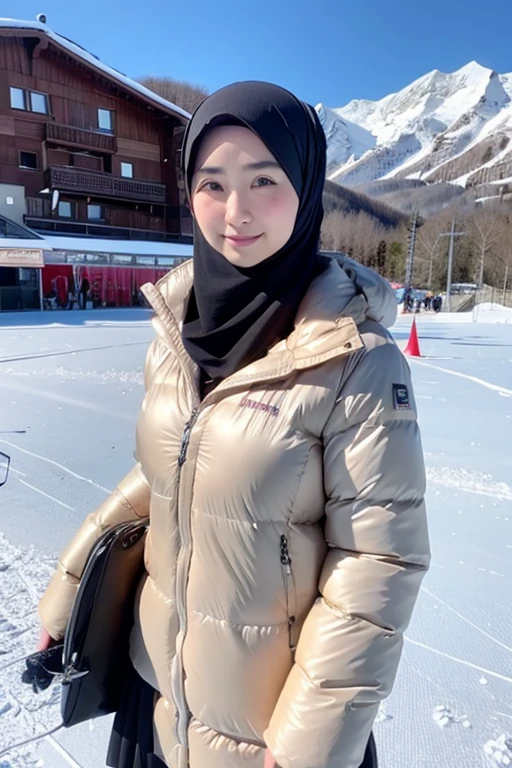 japanese muslim girl, pasmina hijab, perfect body figure, down jacket, white jacket, ski resort