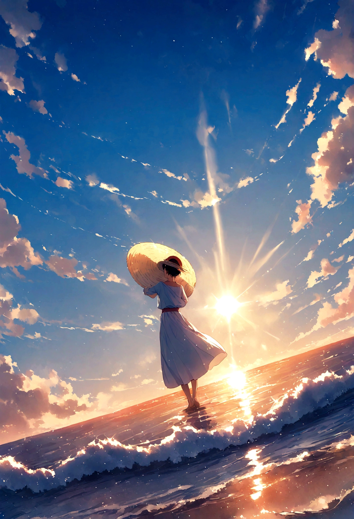 Luffy is looking at the ocean back The sun is shining on the sea