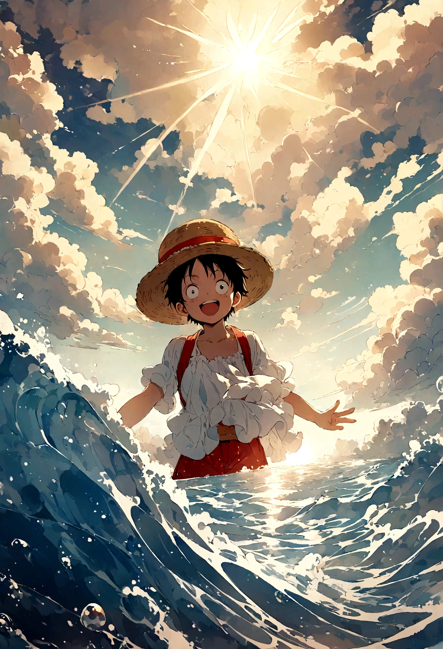 Luffy is looking at the ocean back The sun is shining on the sea