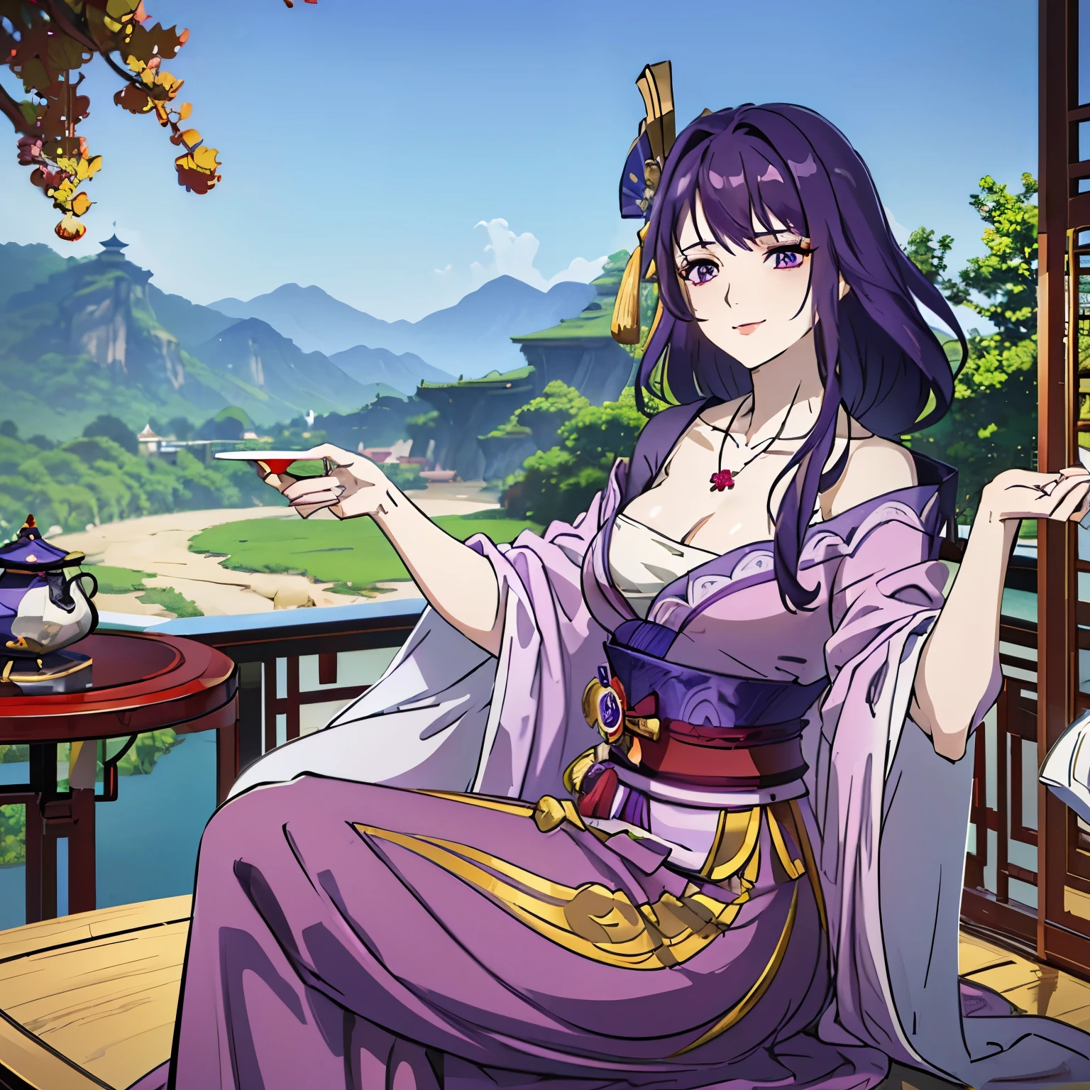 Best quality at best, Ultra-high resolution, (((1 girl))), (Long purple hair), (violet eyes), (Chinese clothes), (((Red Flowers necklace around her neck))), (Ultra Long Skirt), Happy smile, Hanfu, Yarn, Flowing light yarn, jewelry, (focal), (((Colorful))), particle fx , tmasterpiece, Best quality at best, beautiful painted, meticuloso, highly detailed, (tmasterpiece, Best quality at best） CG unified 8K wallpaper，((sitting in a Chinese mansion)) ,(( holding a traditional chinese cup in his hand and drinks)), tmasterpiece，Best quality，ultra - detailed）, Super HD picture quality
