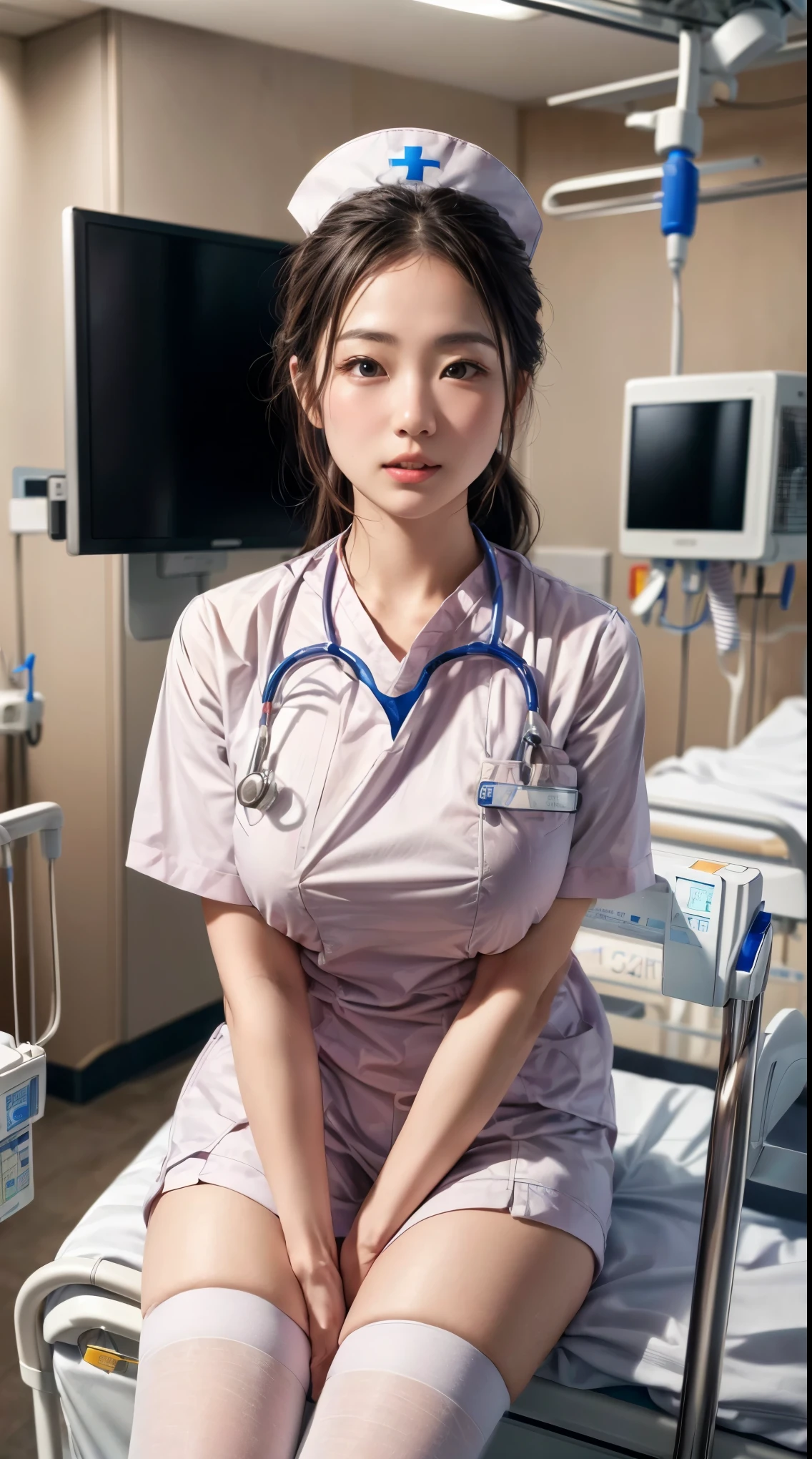 (hospital:1.5)、Sit on the bed、Female nurse、Modern hairstyle、smile、Big Breasts、(Mature Woman)、(24-years-old)、((Ultra tight uniform))、Trendy pastel color uniforms、(White Stockings)、Nurse shoes、Name tag on chest、Stethoscope from the neck、(Black Hair)、highest quality、超A high resolution、(Realistic:1.85)、Beautiful Japanese Eyes、Super Beauty、Perfect Style、Perfect balance、Detailed skin、((Delicate photo))，(Detailed RAW photos of girls), (Tabletop:1.25), (highest quality:1.6), (超A high resolution:1.5), (Realisticです:1.75), 8K resolution, Canon EOS R5, 50mm, Absurd, Very detailed,Cinema Lighting、