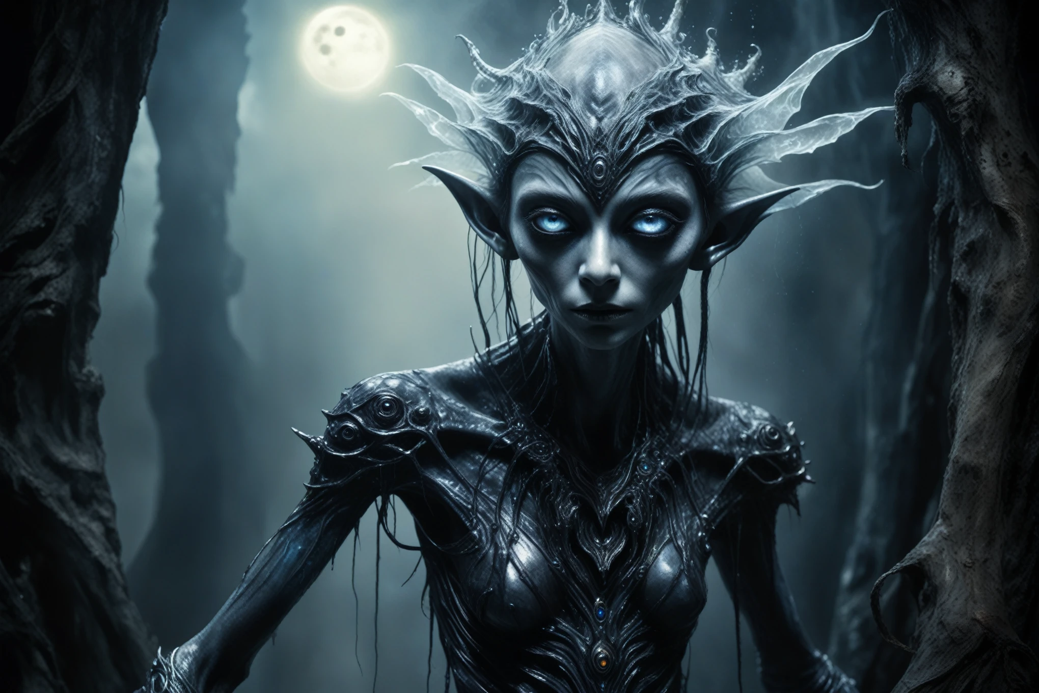 full body length shot,beggar deepest niobium Manganite The Alien Entity,native italian babychild, wants eat,survival in criminal city of future, Technicolor,natural skin textures, hyper realism, hyper detailed,Extremely detailed,High contrast,Masterpiece,Realistic,Ultra Detailed, intricate details,realistic humid leather,extremly intricate,Epic Realistic, cinematic style,irina yermolova,high contrast,hdr,extremely detailed, deep night landscape,masterpiece,intricate details,faded,eyes extremely detailed, high detailed eyes,8k resolution,RAW,retina, Nikon Z9,China,orc,Li River in Guangxi Zhuang of China,tkt style, pointed ears,perfect, Elf,transition between two art styles, Ink painting to photorealism, Double contact, X-ray, Creative, vivid light, masterpiece, fantasy, Abstract, Surrealism, super detailed, high resolution, stop:35;(((creature with a spectral and ghostly appearance)). Her skin is pale, almost translucent. His eyes shine with a bluish glow, he wears dark, torn clothes that float around him, as if permeated by an aura of mourning. Its appearance is complemented by details such symbols of mourning and gothic elements, further emphasizing its dark air. is portrayed as a haunted and tormented entity,{creature}