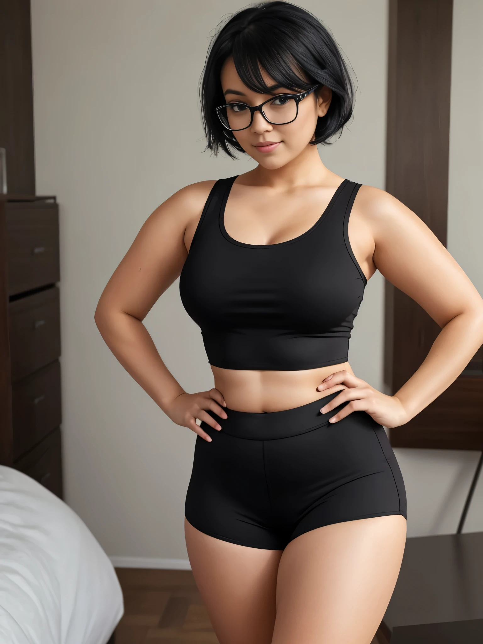 30-years-old, woman, chubby, tight boyshorts, loose crop top, short formless black hair, nerdy style, pretty, cute