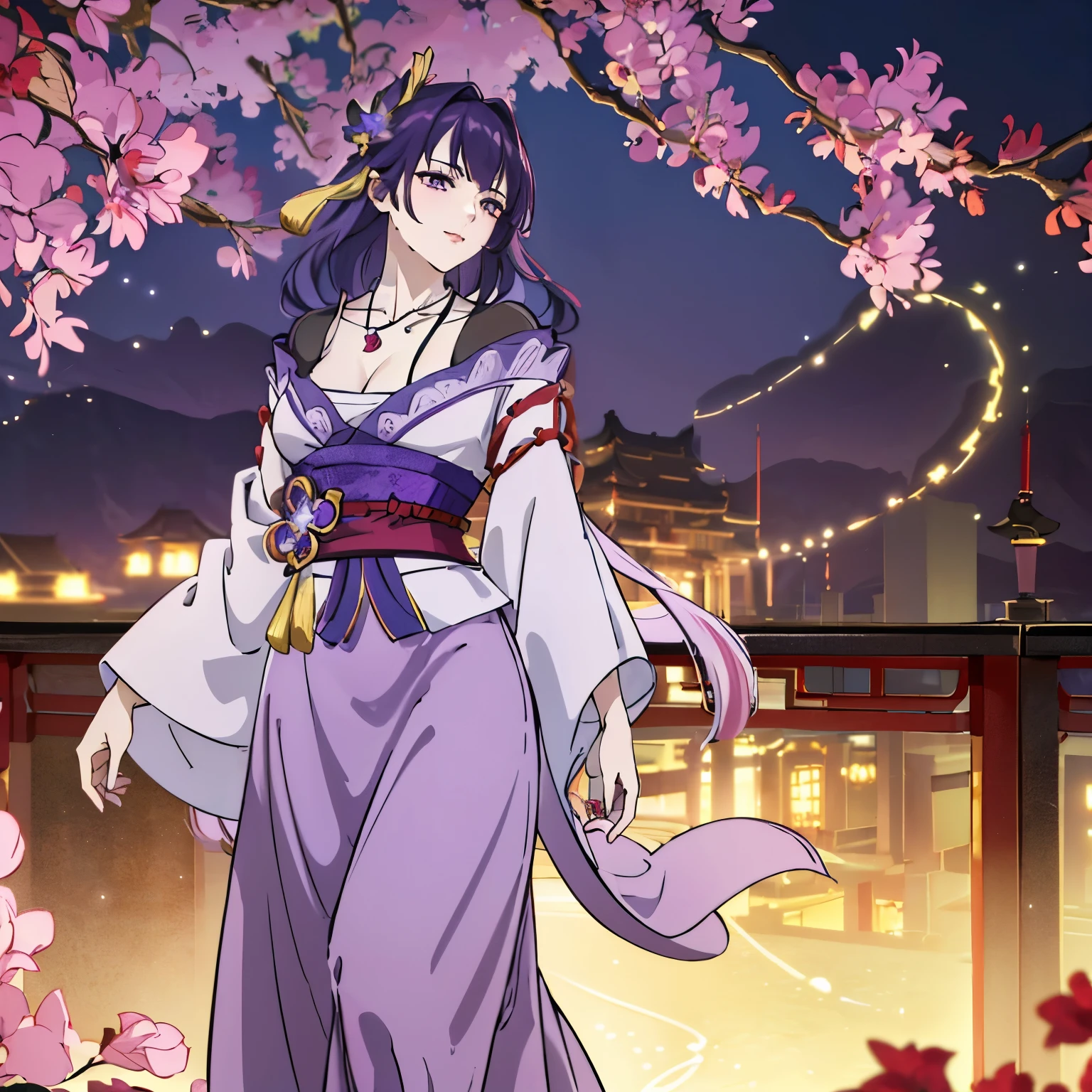 Best quality at best, Ultra-high resolution, (((1 girl))), (Long purple hair), (violet eyes), (Chinese clothes), (((Red Flowers necklace around her neck))), (Ultra Long Skirt), Happy smile, Hanfu, Yarn, Flowing light yarn, jewelry, (focal), (((Colorful))), particle fx , tmasterpiece, Best quality at best, beautiful painted, meticuloso, highly detailed, (tmasterpiece, Best quality at best） CG unified 8K wallpaper，((walking a Chinese mansion)) ,, tmasterpiece，Best quality，ultra - detailed）, Super HD picture quality