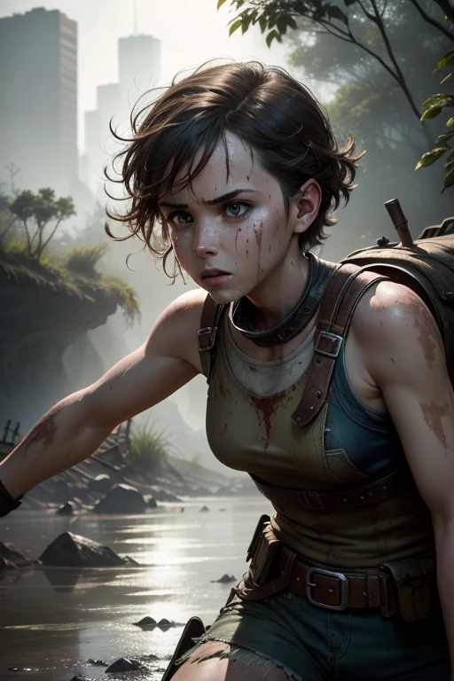 a photo action shot of Hot Sophia lillis hunting along velociraptor blue, beautiful, sweaty, sweat glistening, science fiction movie, old scars, suspended movement, slow motion, visual flow, rough and tumble, dirt flying, pale, piercing eyes, (highly detailed:1.1), dramatic, hi-res, (film grain), high ISO, outdoor lighting, delicate features, bloody nose, rusty tattered and dented metal parts, wasteland, dramatic rim lighting (best quality:1.33), (masterpiece:1.42), (realistic:1.24), (detailed:1.15), splashes of water, river, jungle, dynamic pose