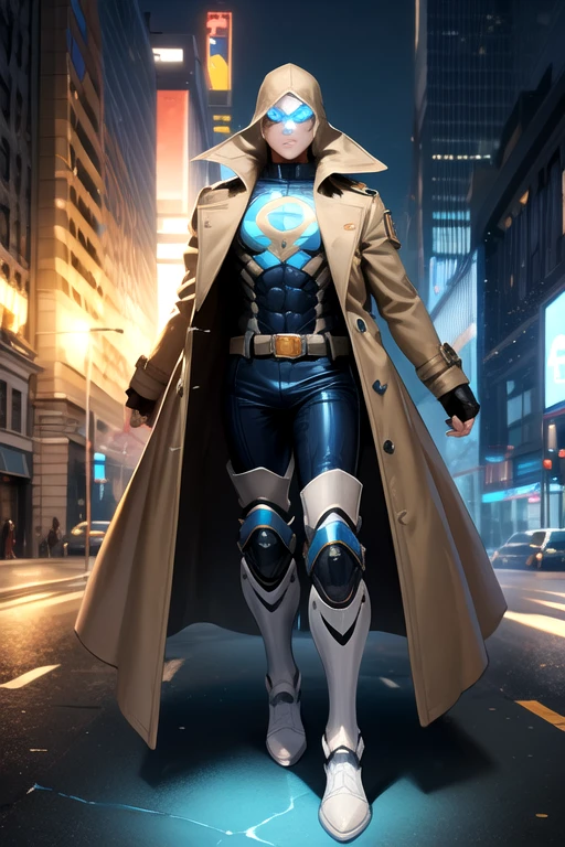 ((best quality)), ((masterpiece)), (detailed), 1 boy in a trench coat standing on a building, full body, 19 years old, masked, white mask covering his entire head and hair, black swimming goggles, blue eyes, black face mask, no hair, tall and slender, thin, long beige trench coat, open trench coat showing his emblem, black fingerless gloves, white wristbands, white superhero armor, white chest with emblem, luminous blue "I" letter emblem on chest, blue I-shaped emblem, black pants, white knee pads, metallic white shoes, superhero belt, nanotechnology in the air, city background