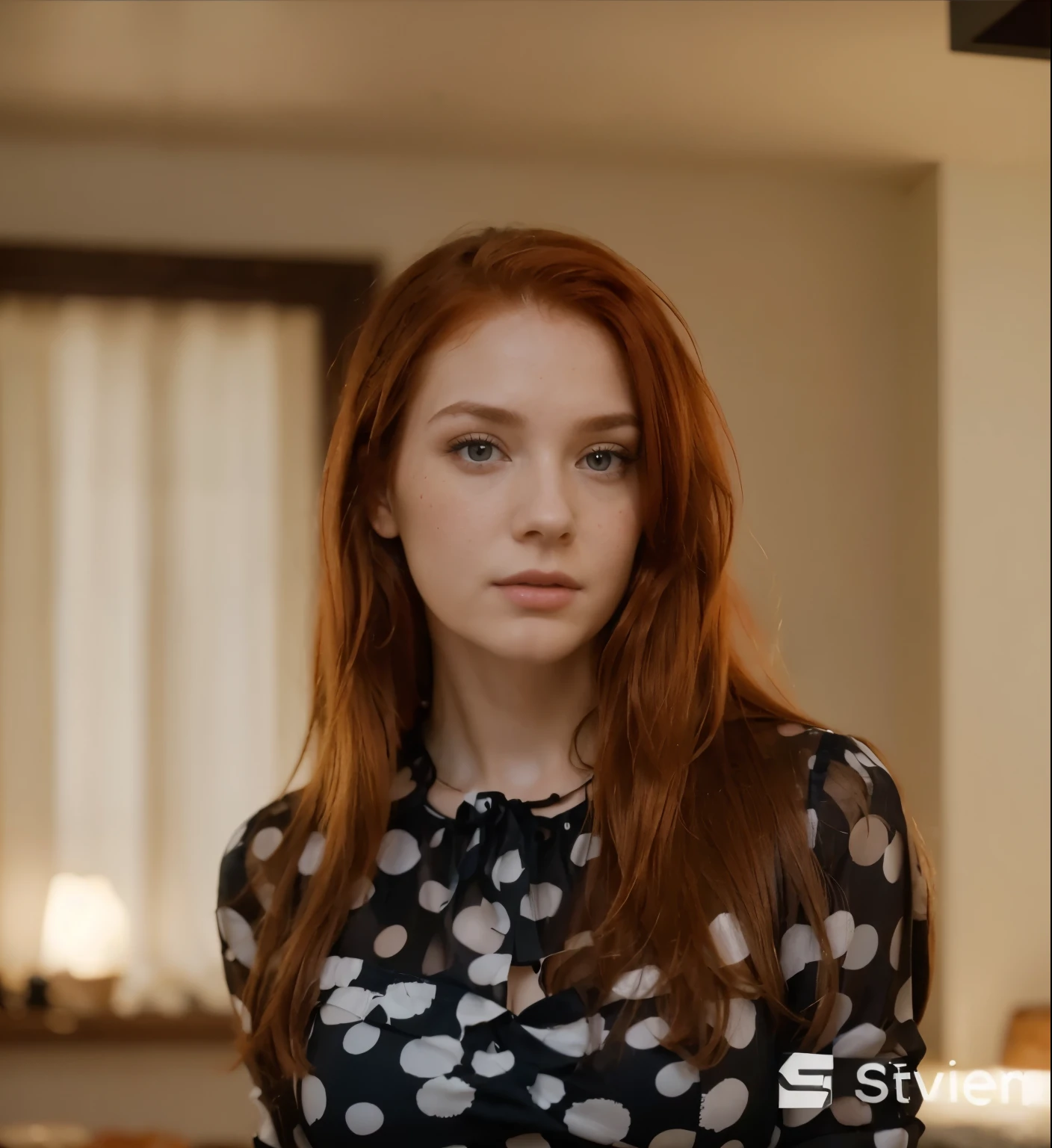 In the image, a woman with long red hair is captured from the chest up. She is wearing a black blouse adorned with white polka dots and has a neutral expression on her face. Her gaze is directed to the side and she appears to be inside the house, as suggested by the blurred background that suggests an interior setting.