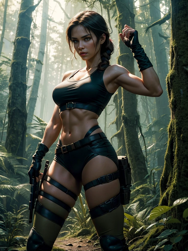 One girl, One solo, Lara Croft, sensual, perfect body, medium perfect breasts, timeless beauty, athletic body,dynamic sensual pose, Full body shot, in a dark wooded mysterious forest, Hyper realistic, Strong and vibrant colors