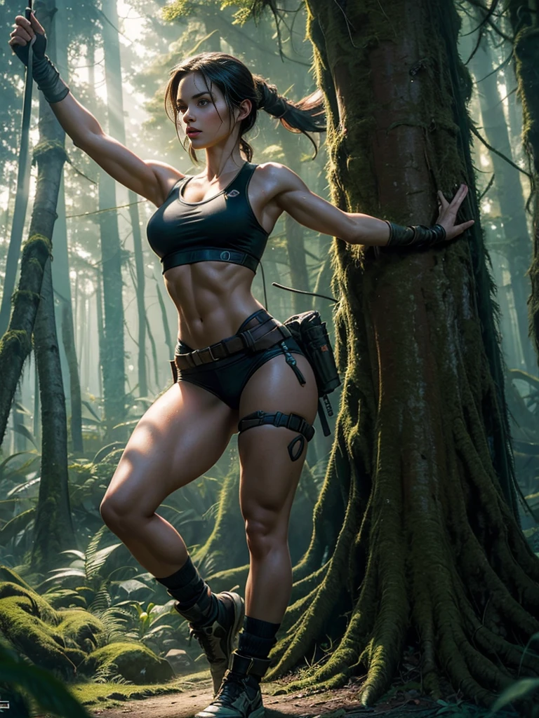 One girl, One solo, Lara Croft, sensual, perfect body, medium perfect breasts, timeless beauty, athletic body,dynamic sensual pose, Full body shot, in a dark wooded mysterious forest, Hyper realistic, Strong and vibrant colors