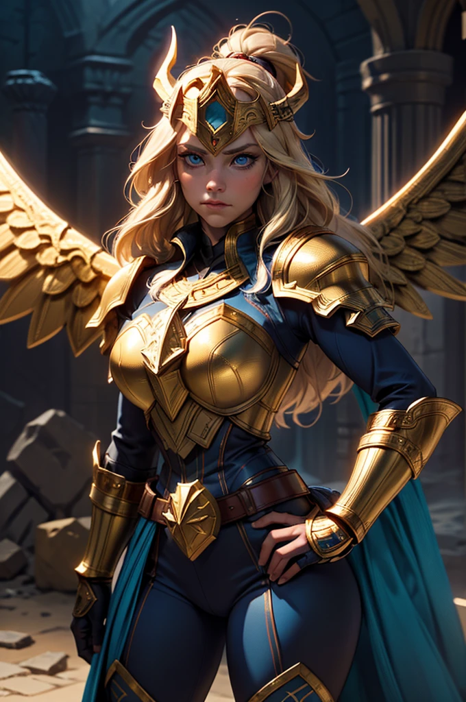 a blonde Asgardian heroine. She wears dark blue armor, gold trim, (((Norse helm with gold wings))), armored glove, deep v neck. stern expression. blond hair, long hair, blue eyes, (detailed eyes, detailed face), detailed hands, pretty face, round cheeks, soft face. heavy gauntlet covers one hand, armoured boots. Show her in a heroic pose with hands on her hips. castle ruins background. volumetric lighting , (highres:1.3), deep shadow and bright highlights, cinematic, 