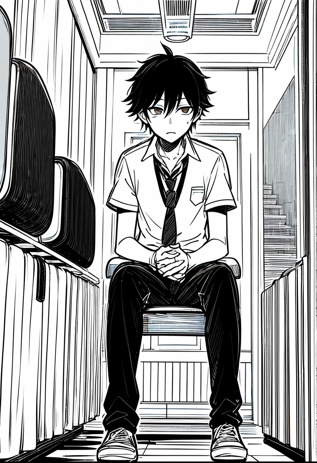Takuya Aoyama, a 16-year-old male student, with sloppily combed black hair and brown eyes, with a dark expression, profile picture, light novel style. school environment, high school, masterpiece.