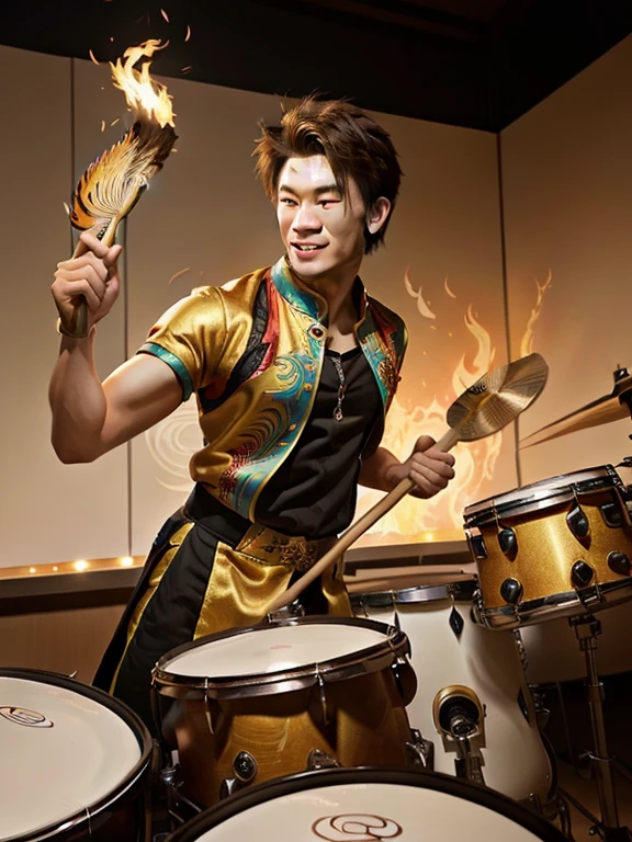 a close up of a person with a drum and a fire, rossdraws cartoon vibrant, inspired by Huang Shen, inspired by Pu Hua, sun wukong, vibrant fan art, extremely detailed artgerm, drummer, sakimichan frank franzzeta, rossdraws sakimimichan, inspired by Gong Xian, dio brando, rossdraws and jazza