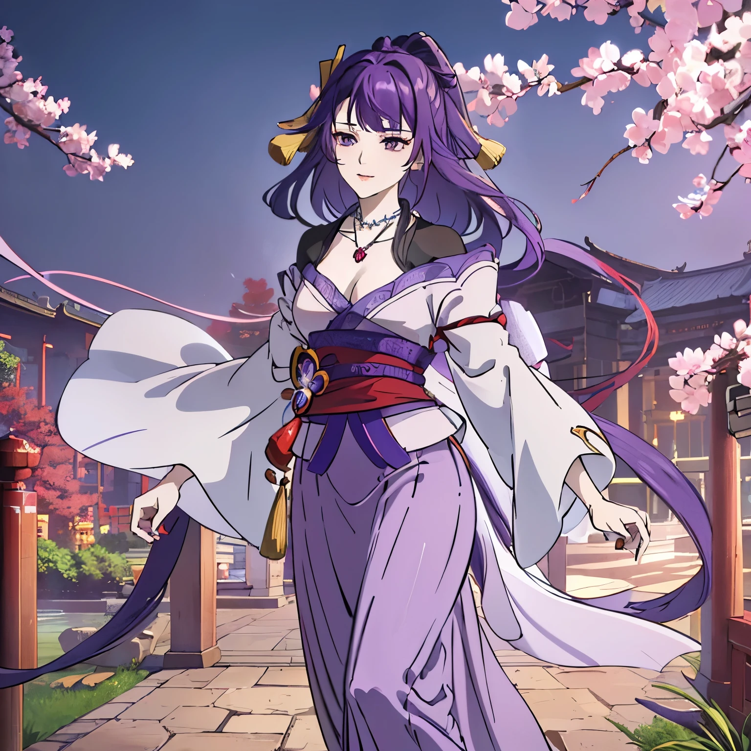 Best quality at best, Ultra-high resolution, (((1 girl))), (Long purple hair), (violet eyes), (Chinese clothes), (((Red Flowers necklace around her neck))), (Ultra Long Skirt), Happy smile, Hanfu, Yarn, Flowing light yarn, jewelry, (focal), (((Colorful))), particle fx , tmasterpiece, Best quality at best, beautiful painted, meticuloso, highly detailed, (tmasterpiece, Best quality at best) CG unified 8K wallpaper,((walking a Chinese mansion)) ,, tmasterpiece,Best quality,ultra - detailed), Super HD picture quality