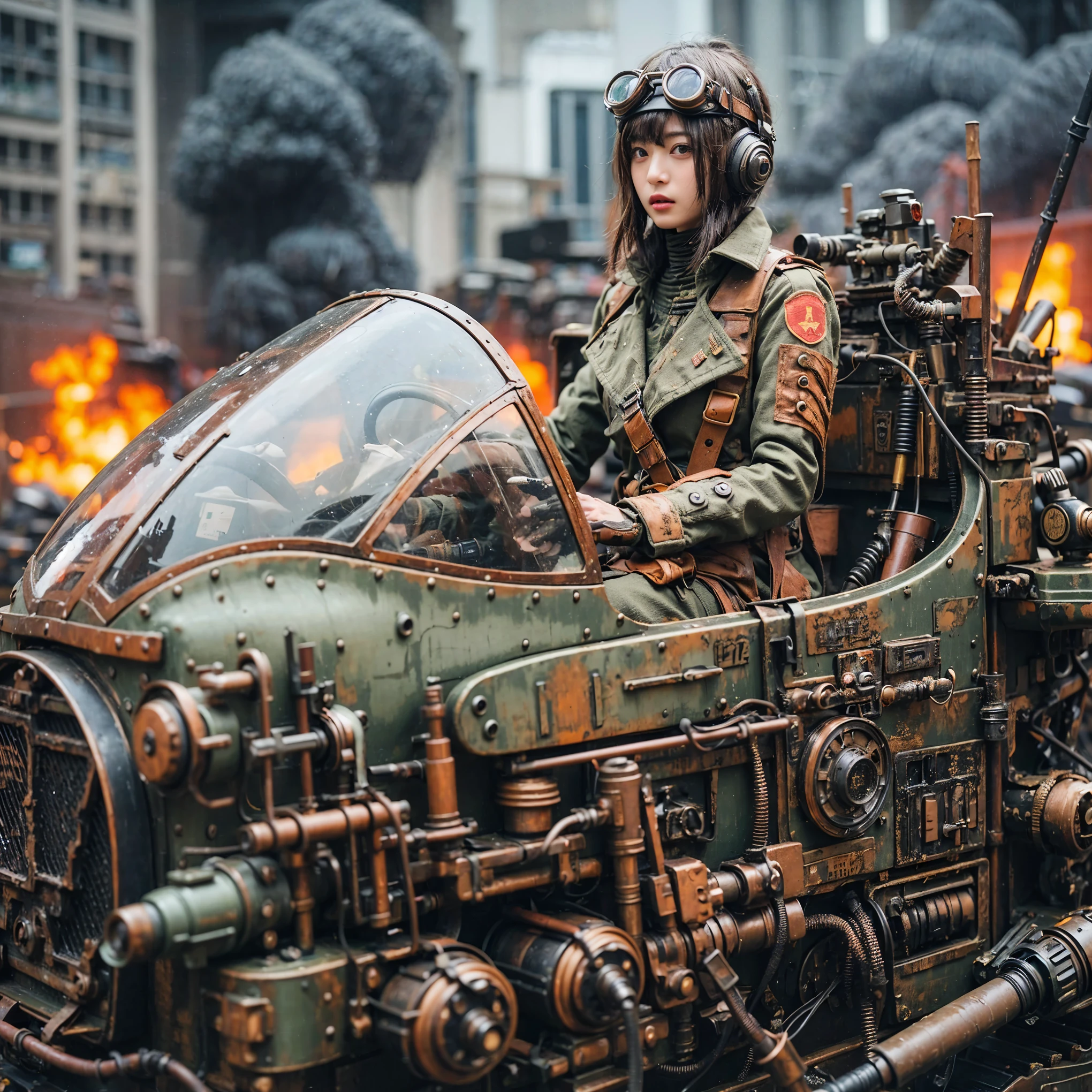 A fictional WWII Japanese female soldier piloting a humanoid weapon of the Imperial Japanese Army、Beautiful Face、Torn trousers、dirty clothes、Very intricate details、Olive drab paint、Peeling paint、Weathering、Trench Warfare Background、Photorealistic、taken with Fuji film X-T30+Nokton. HDR10