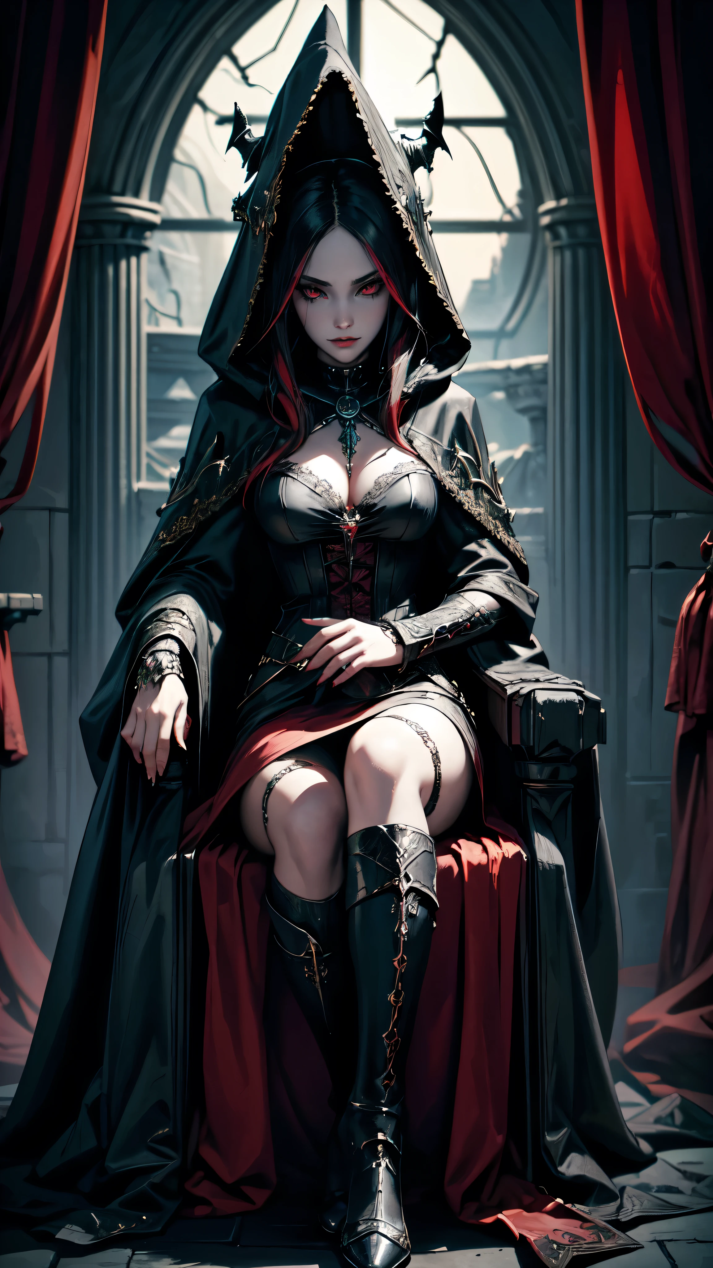 (best quality), (masterpiece), (high resolution), [:intricate details:], (detailed background) a hooded sex vampire woman sitting on a throne with skulls around her, she has red eyes,her outfit has red color, her skin is white like a vampire, dark fantasy art, vampire queen, gothic fantasy art, dark sorceress, abaddon and magali villeneuve, dark fantasy style art, epic fantasy art style hd, evil sorceress, necromancer sorceress, dark fantasy art, beautiful necromancer, (sage aura effect around the throne), detailed eyes, detailed hands, detailed face, full body, elf woman