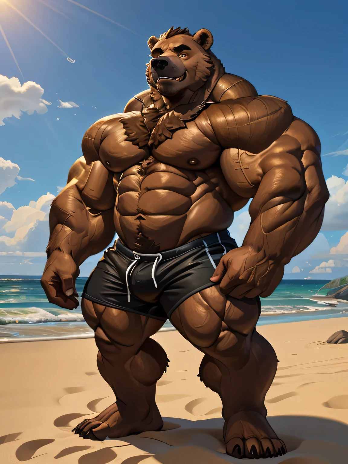 solo, 2boys, beach, size different, extremely huge muscular, massive muscular, grizzly bear, full-body, well-muscled being shirtless in a black swim trunk shorts in beach. Flexing his arms. ((extremely muscle size, super thick arms, huge back, thick brown fur, extremely wide back and shoulder , huge arms)). and add details to make it attractive and interesting. Add textures and details to make the image more realistic, such as the appearance of the shirt texture and the appearance of the skin. Make sure the resulting image is high resolution, 8K quality.", simple background, masterpiece, high detailed, 8k, high resolution