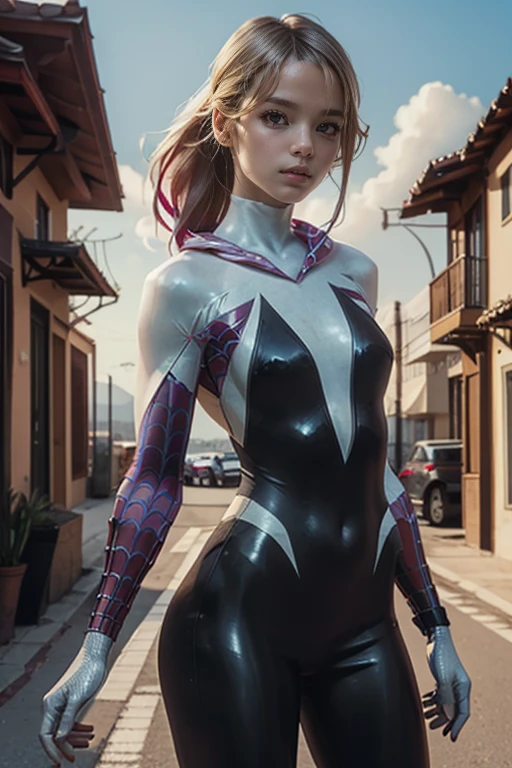 Superhero Gwen Stacy, pelo rubio, cabello corto,vender a menor precio que, asymmetrical hair, blue eyes, mejor calidad ,obra maestra, Spider web printing,traje de cuerpo,mirando al espectador, ojos extremadamente detallados , 4k , vista frontal