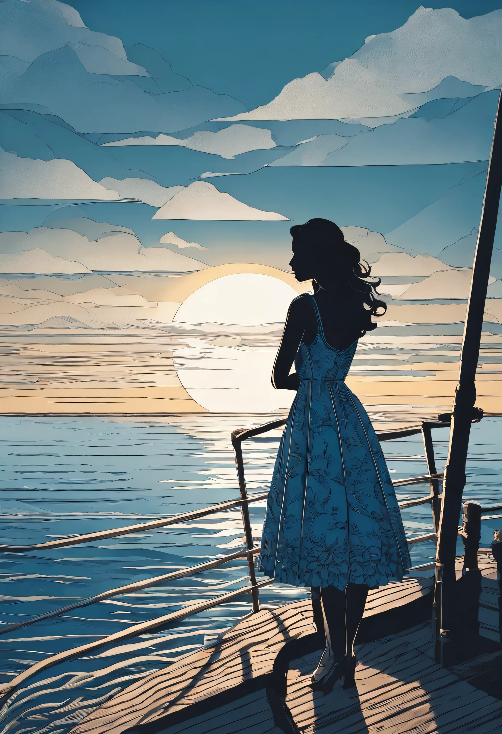 Dark-haired girl in a blue dress, Standing on the deck of an old ship, 1 ship, Gazing into the distance, Dawn, Faint haze, Gloomy atmosphere, Sunrise over the sea