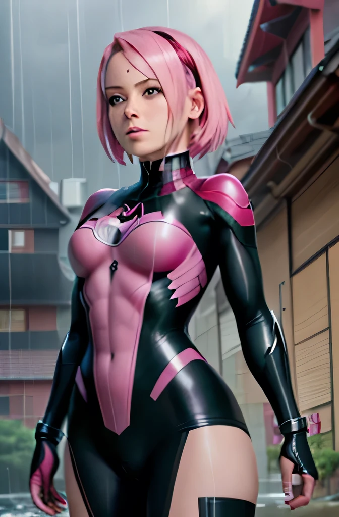 black and pink spider man suit, short pink hair, beautiful face, rain, roof, masterpiece, intricate detail, perfect anatomy, Sakura Haruno,