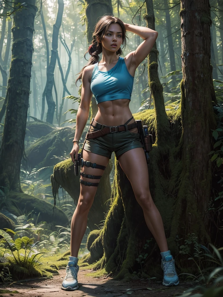 One girl, One solo, Lara Croft, (pale blue top, brown shorts) sensual, perfect body, medium perfect breasts, timeless beauty, athletic body,dynamic sensual pose, Full body shot, in a dark wooded mysterious forest, Hyper realistic, Strong and vibrant colors