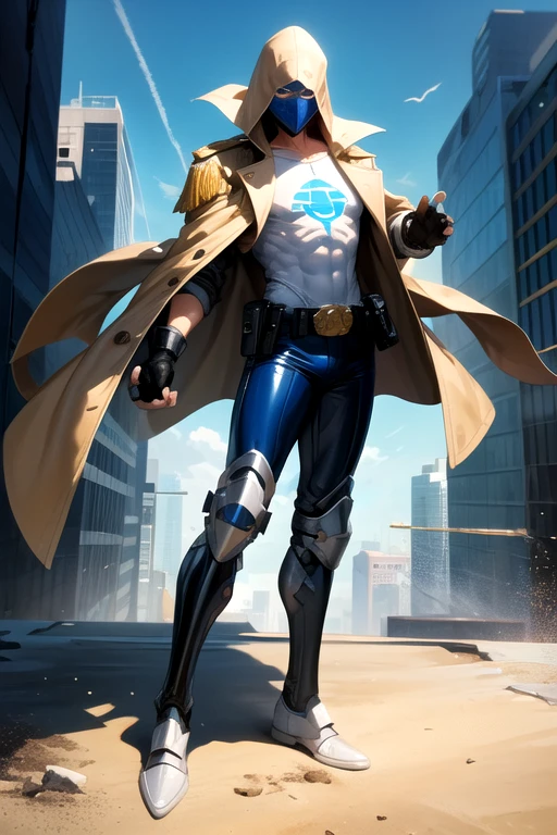 ((best quality)), ((masterpiece)), (detailed), 1 boy in a trench coat standing on a building, full body, 19 years old, masked, white mask covering his entire head and hair, superhero mask, black swimming goggles, blue eyes, black face mask, no hair, tall and slender, thin, long beige trench coat, open trench coat showing his emblem, black fingerless gloves, white wristbands, white superhero armor, white chest with emblem, luminous blue "I" letter emblem on chest, blue I-shaped emblem, letter I, black pants, white knee pads, metallic white shoes, superhero belt, nanotechnology in the air, city background