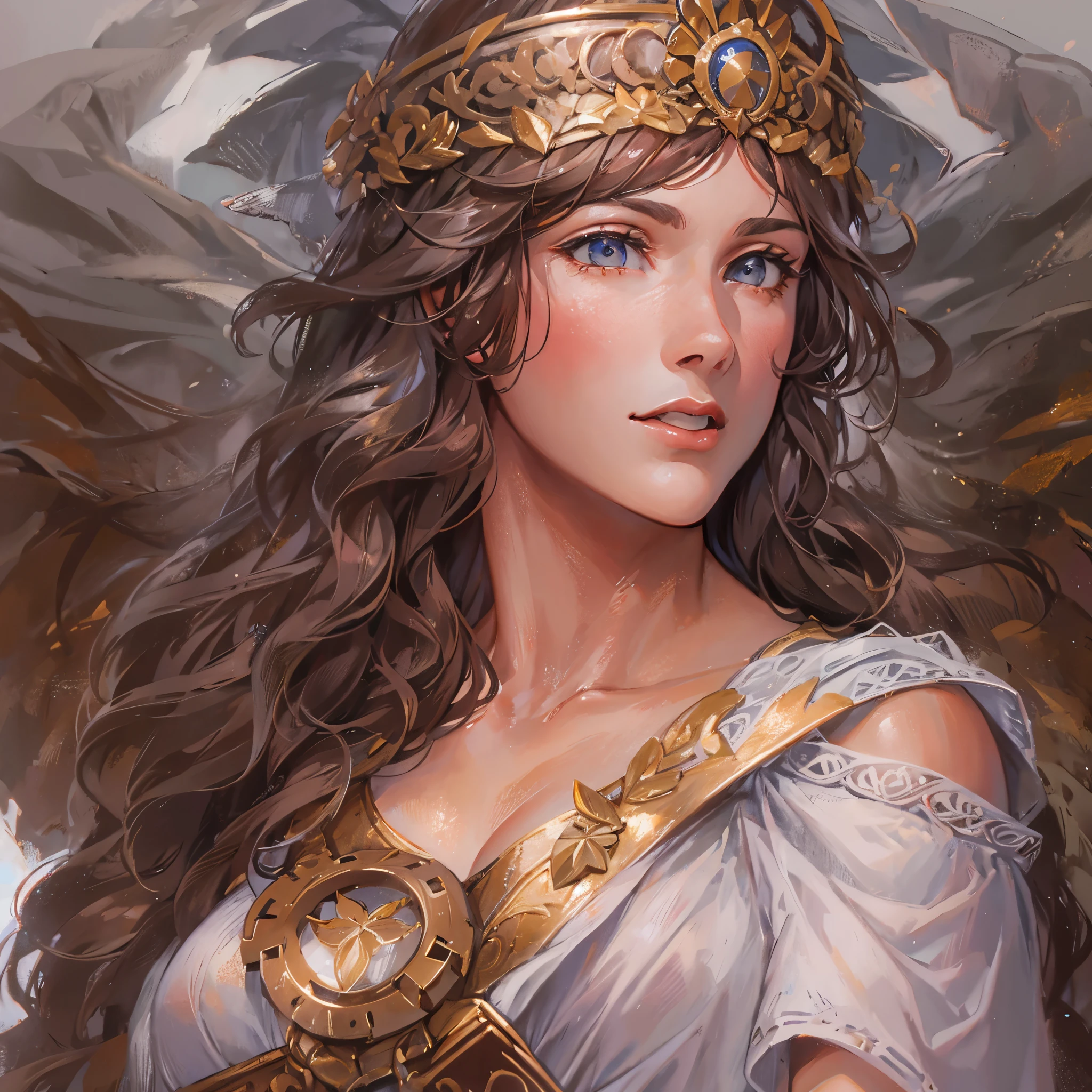 Greek Goddess Athena, beautiful divine woman with long brown hair, gray eyes. She is showing her nice ass.